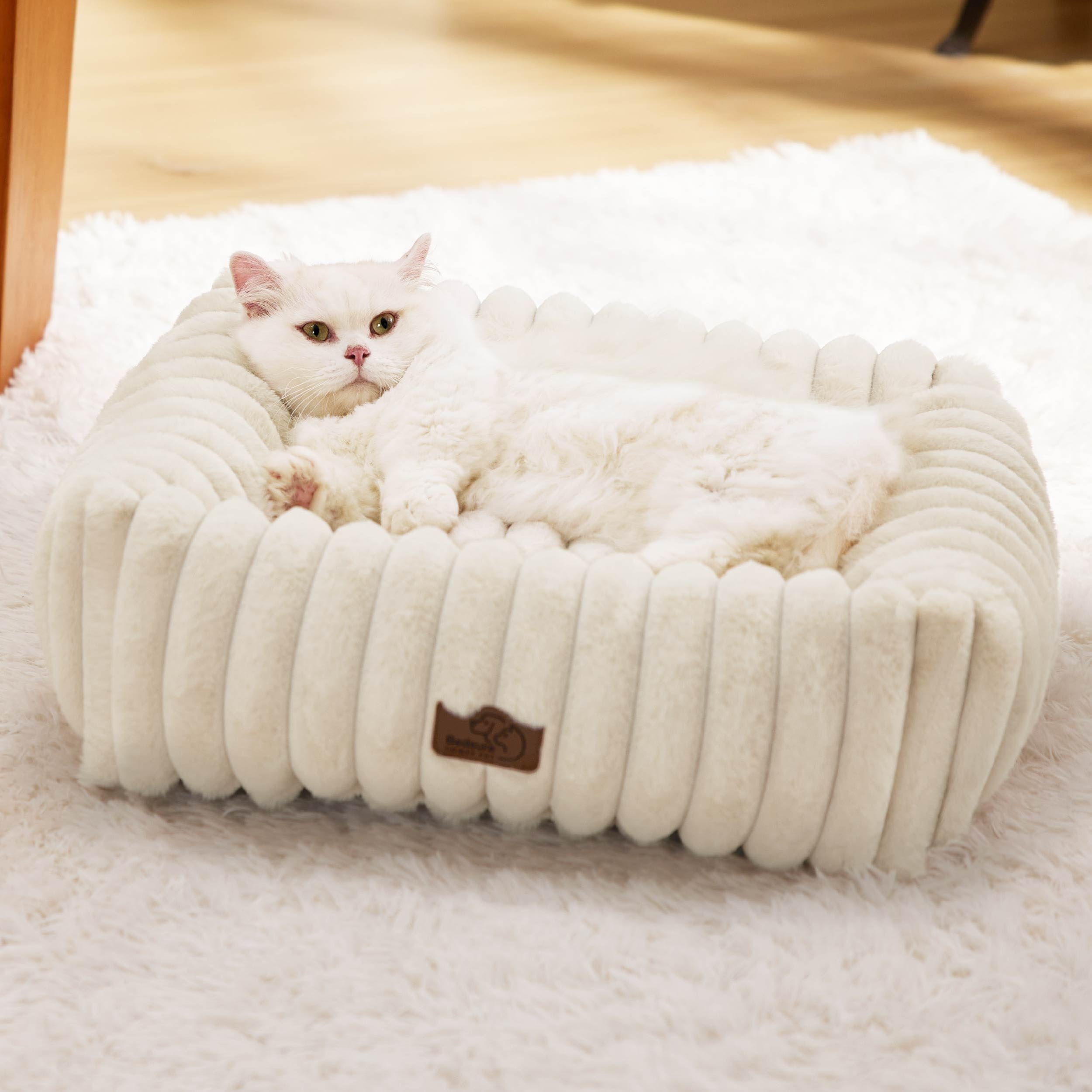 Bedsure Cute Dog Bed For Small Dogs & Cats - Washable Furry Cat Beds, Rectangle Orthopedic Corduroy Fleece Puppy Beds With Remov