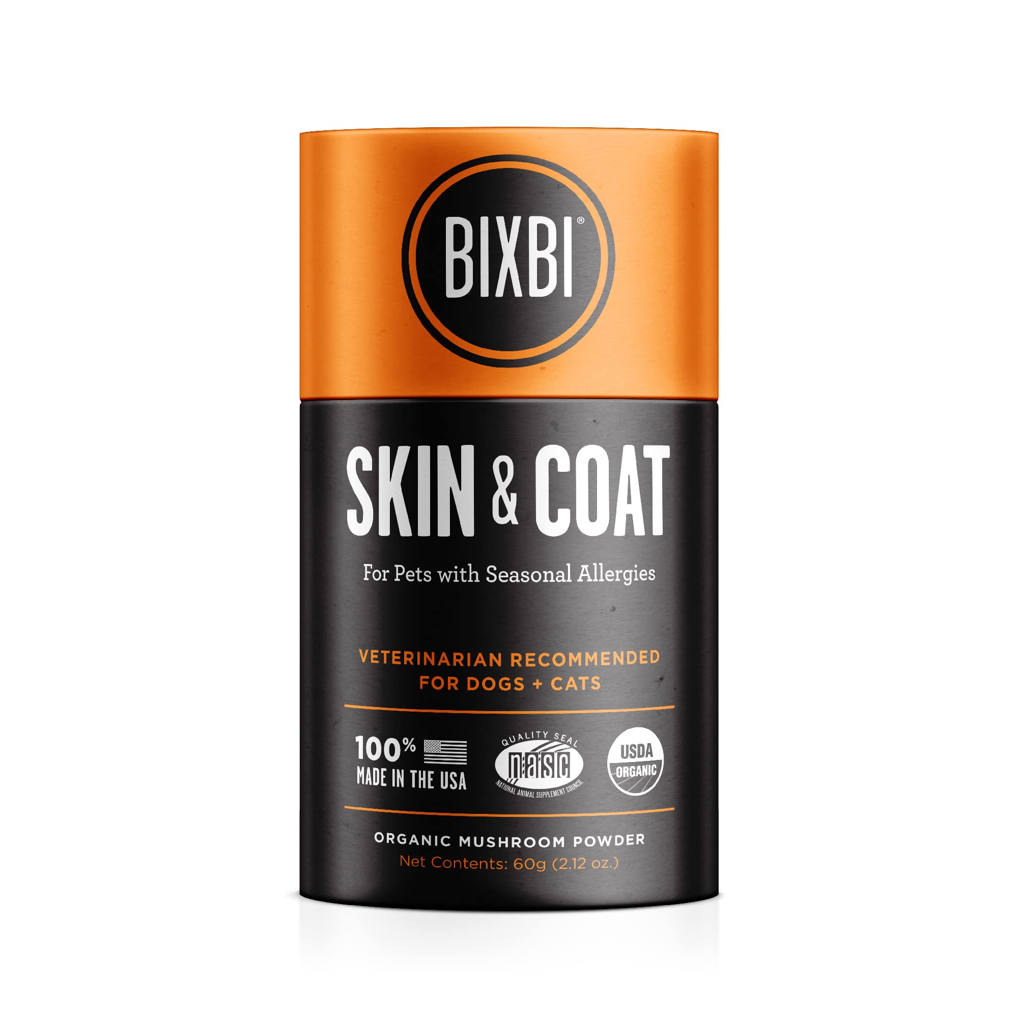 BIXBI Dog & Cat Skin & Coat Support, 2.12 oz (60 g) - All Natural Organic Pet Superfood - Daily Mushroom Powder Supplement - USA