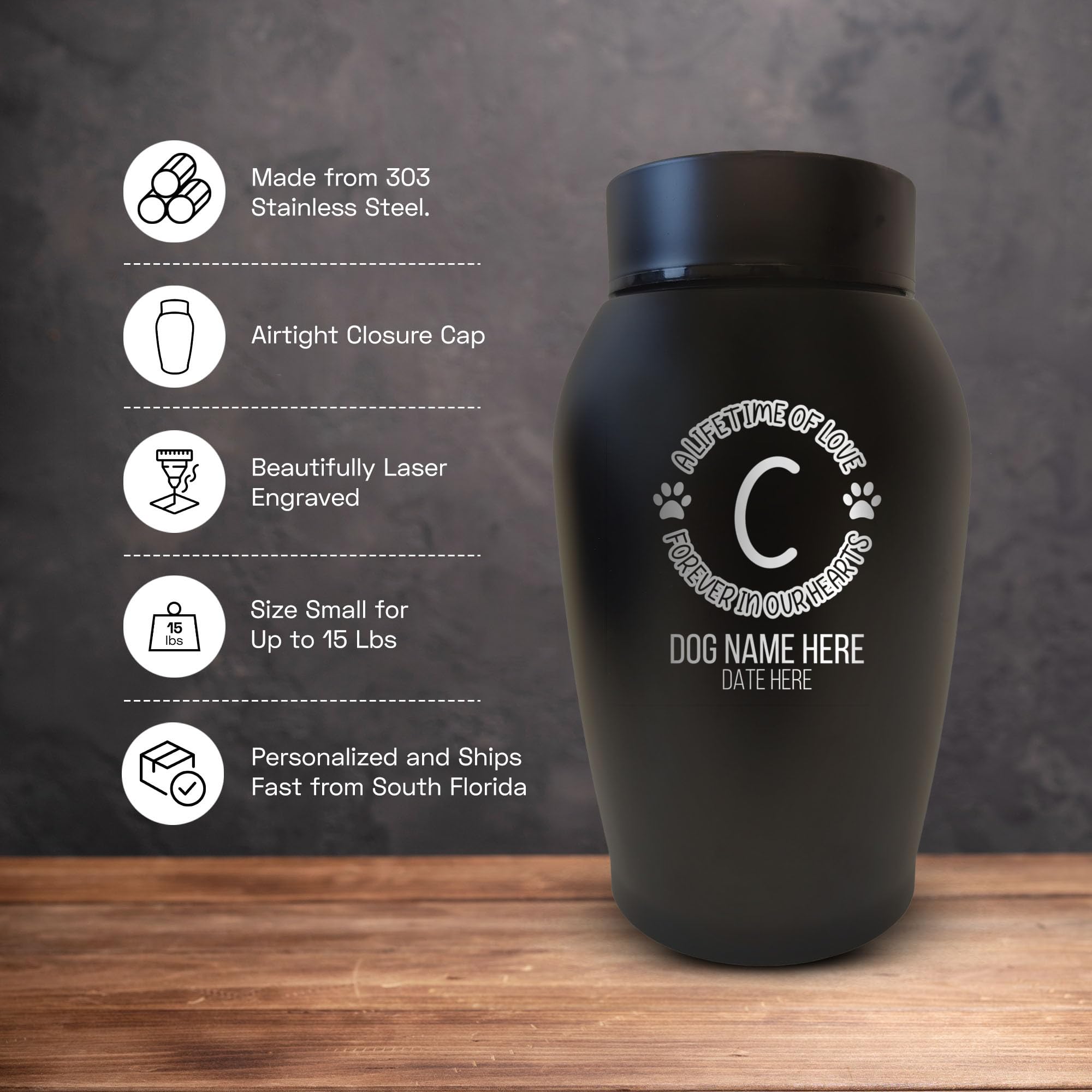 Merchsalad Custom Small Keepsake Urn Engraved With Pet Name, Date, And Dog Design - 5.2'' Black Powder Coated Steel Cremation Ur