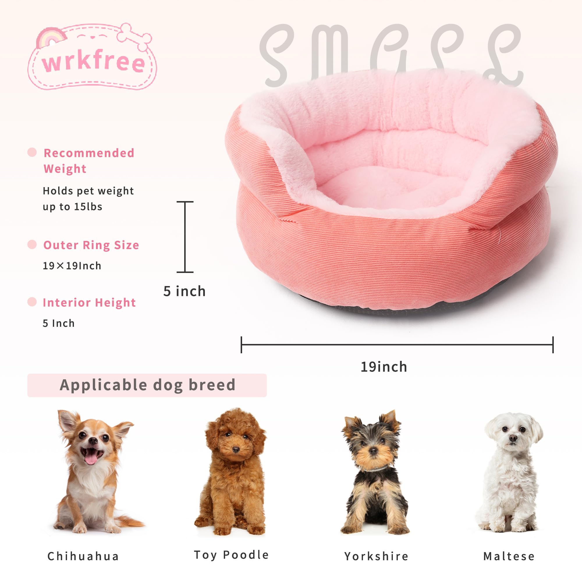Small Washable Dog Bed With Sides Round Calming Anti Anxiety Pink Princess Puppy Bed 19 Inch