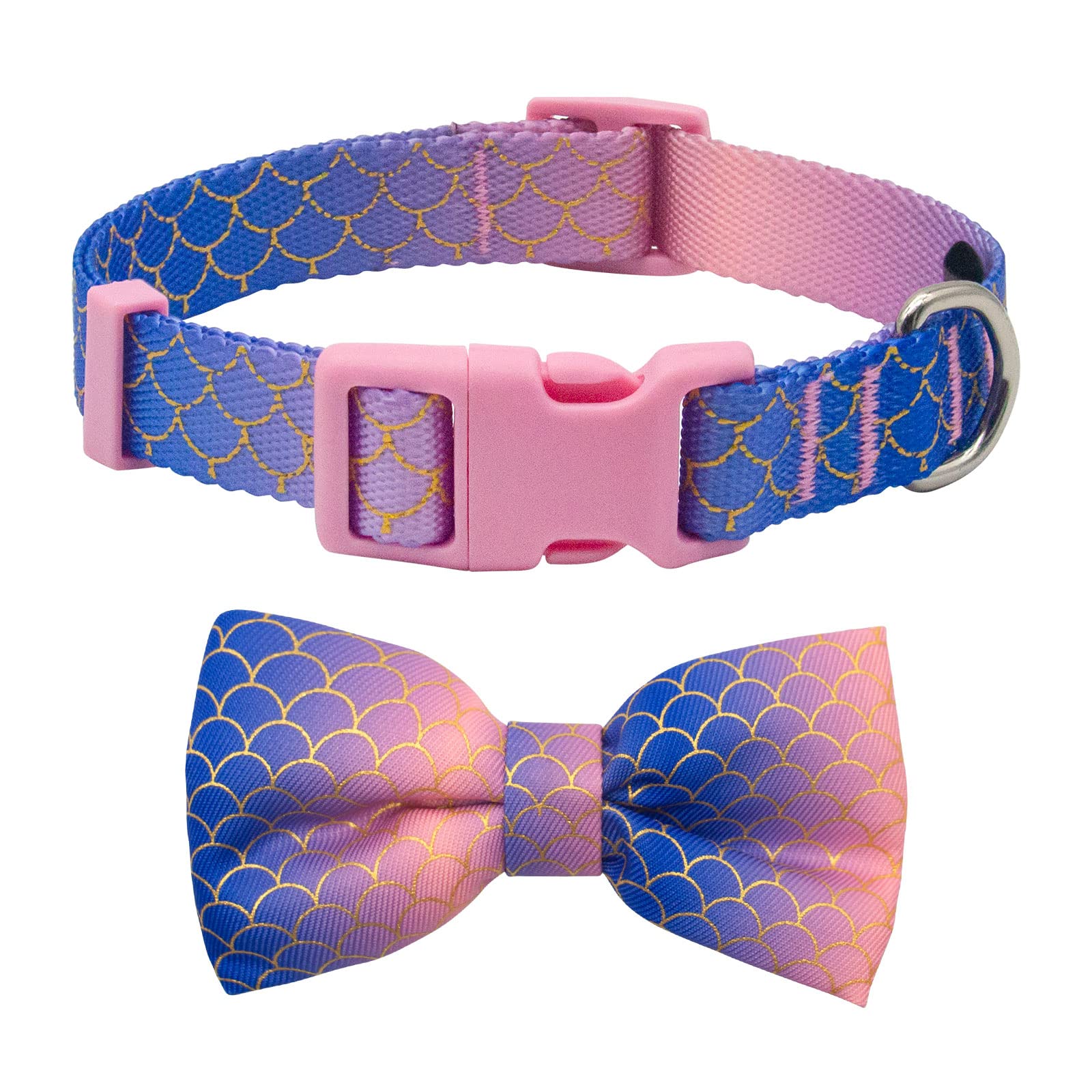 Azuza Bowtie Dog Collar Mermaid, Soft & Comfy Dog Collar With Removable Bow Gradient Color Size Adjustable Dog Collars For Mediu