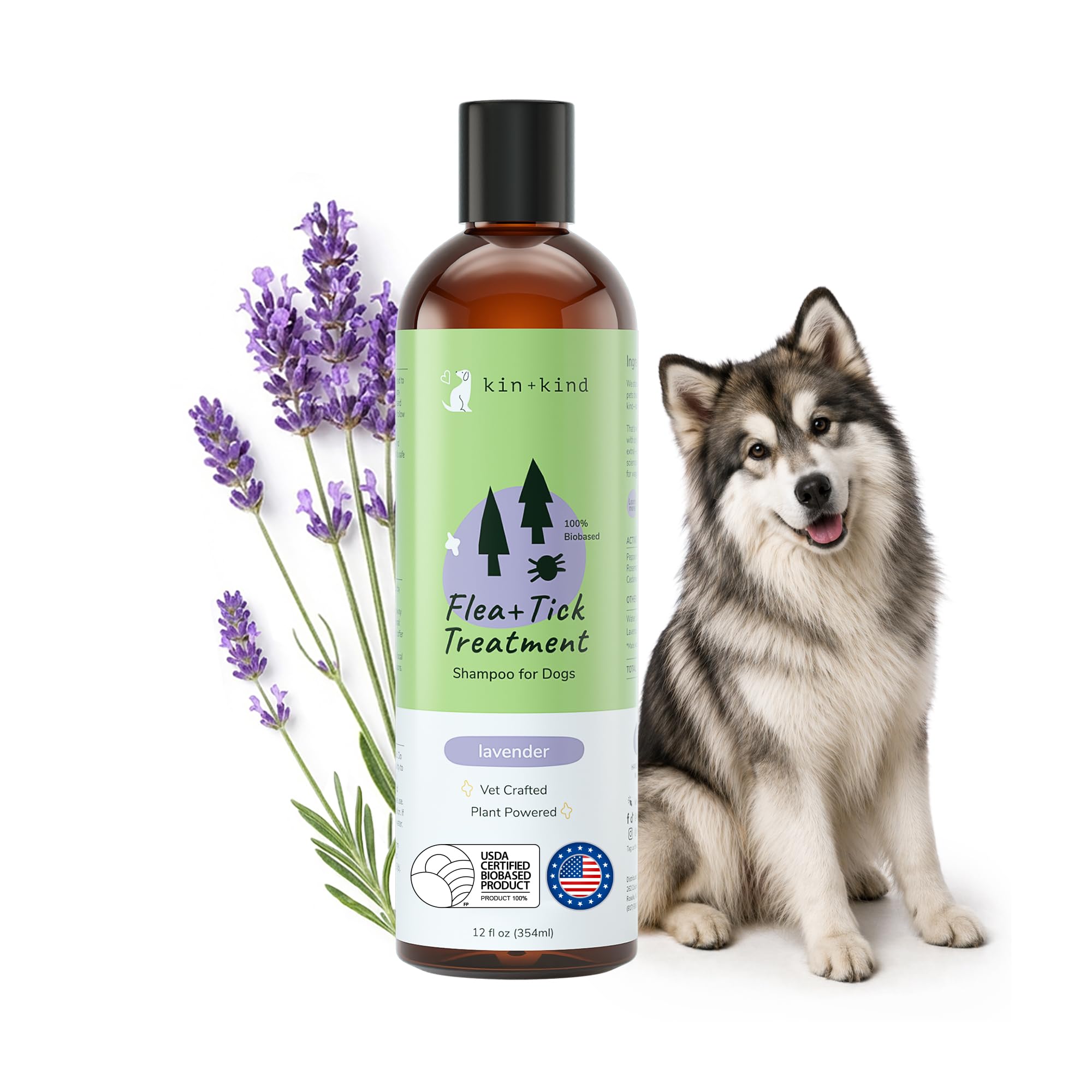 kin+kind Flea and Tick Treatment Shampoo for Dogs, Natural Lavender + Peppermint, Vet-Formulated, for Sensitive Skin, Made in US