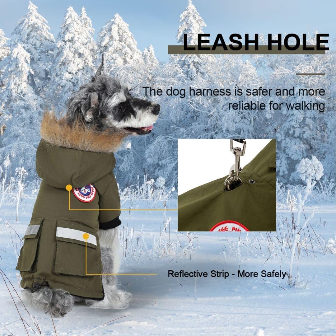 PINA Small Dog Coats - Waterproof & Windproof, Reflective Dog Jacket with Pocket, Warm Flannel Lining & Faux Fur Hood for Cold W