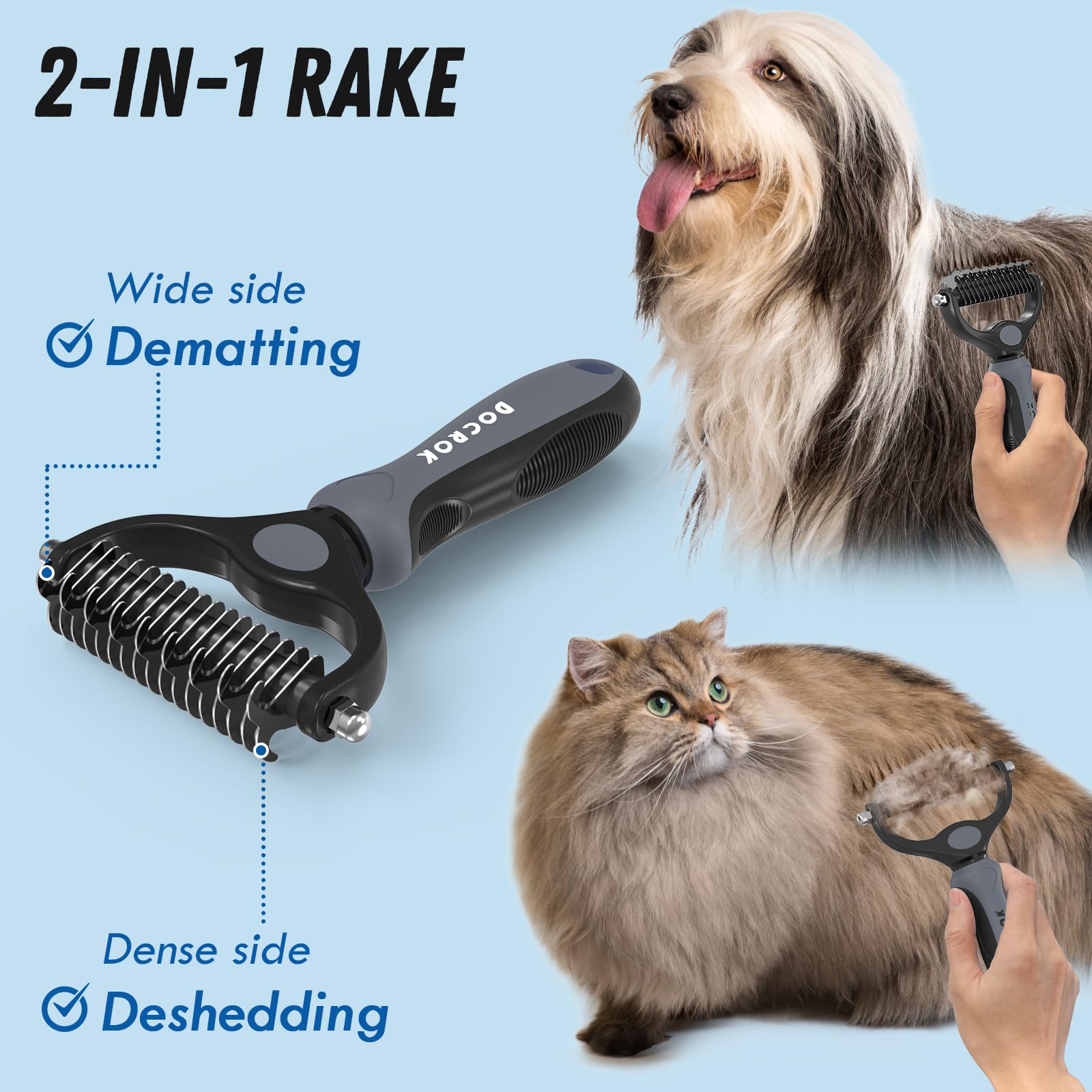 Docrok Pet Grooming Brush And Metal Comb Combo, Cat Brush Dog Brush For Shedding, Undercoat Rake For Dogs Grooming, Dematting Deshedding Brush Dogs Shedding Tool For Long Matted Haired Pets, Gray