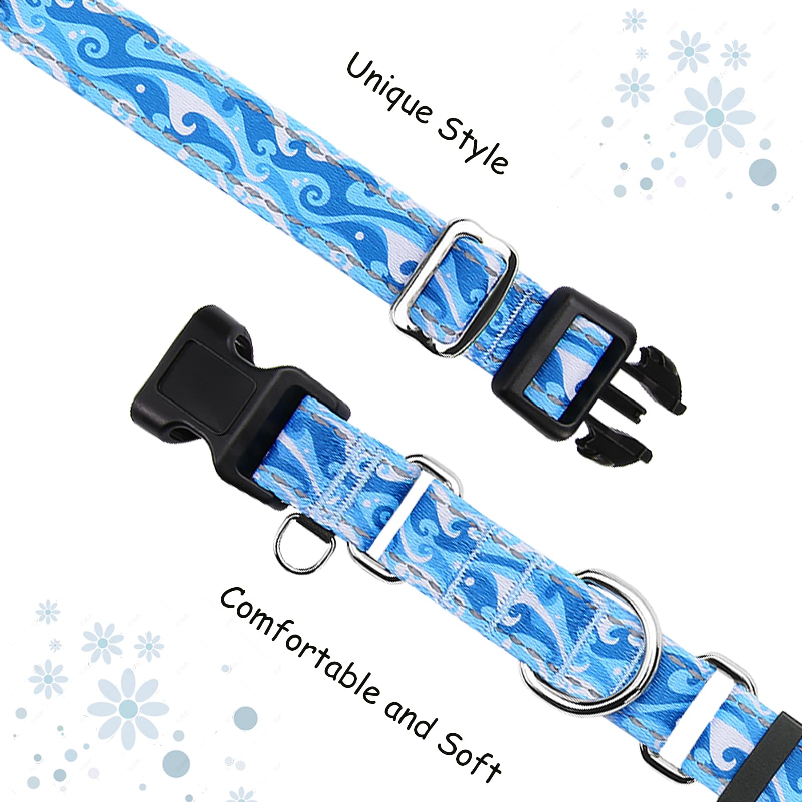 Fidohug Reflective Martingale Collar With Quick Release Buckle Anti Pulling Boy Male Adjustable Dog Collars (Blue Waves, Medium)