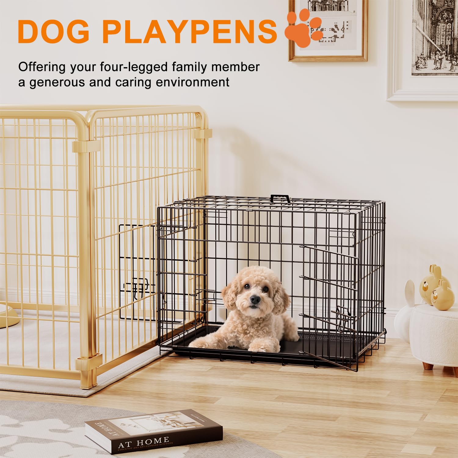 FDW 24inch Dog Crate Pet Cage with Metal Folding Design Plastic Tray Indoor Outdoor Dog Kennel Cage for Small Dogs,Black