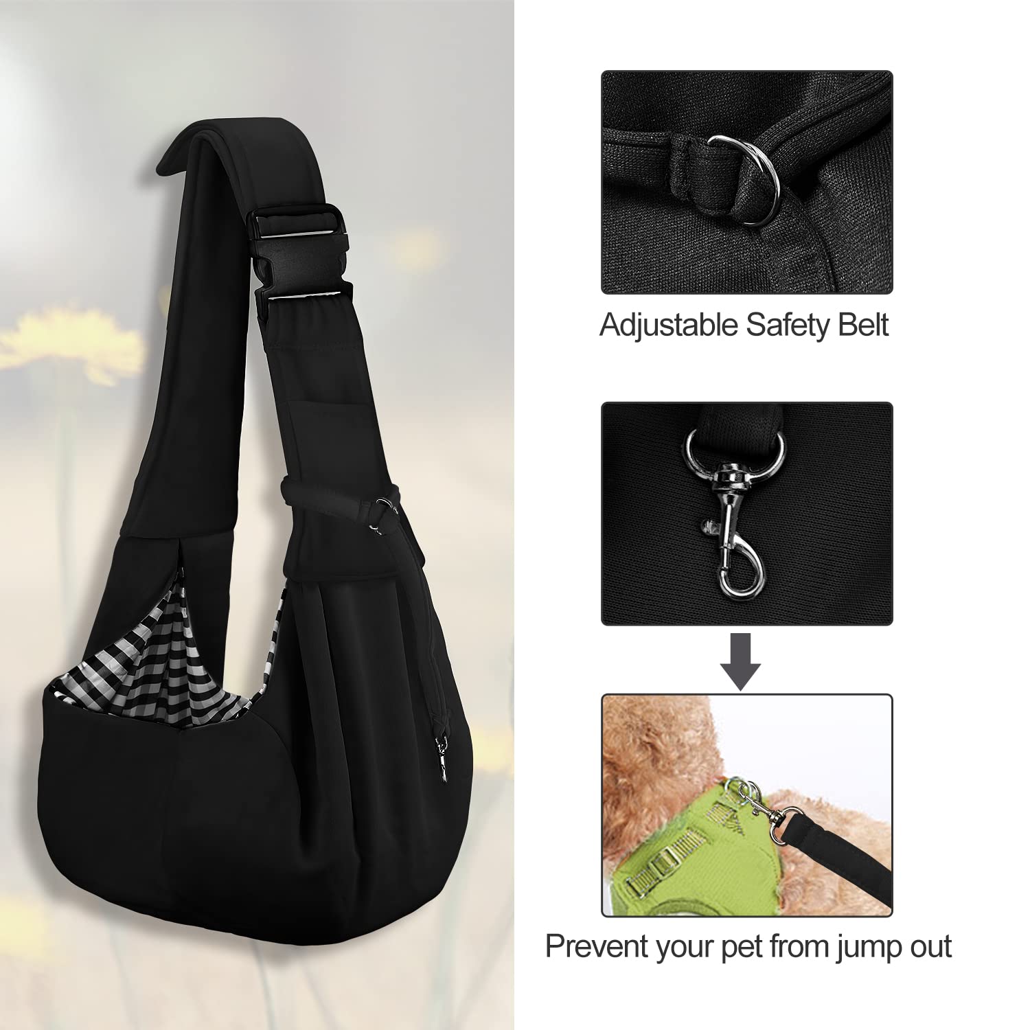 PETLOFT Reversible Dog Cat Sling Carrier - Adjustable Hands-Free Crossbody for Pets up to 11lb, Black, 21L x 9.1W x 8.3H