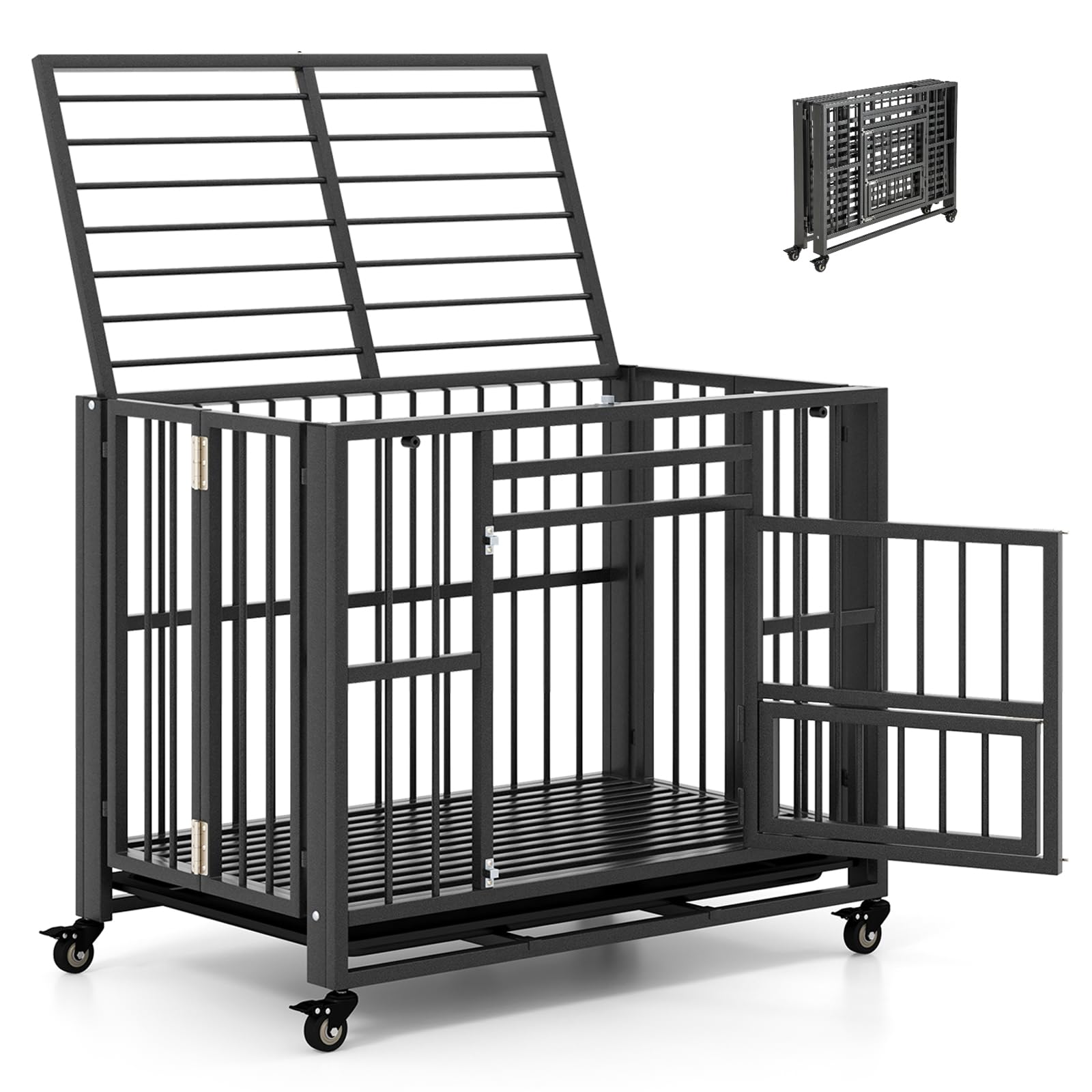 Petsite 37 Inches Foldable Metal Dog Crate, Heavy Duty Dog Cage With 3 Lockable Doors, Removable Tray, 4 Lockable Universal Whee