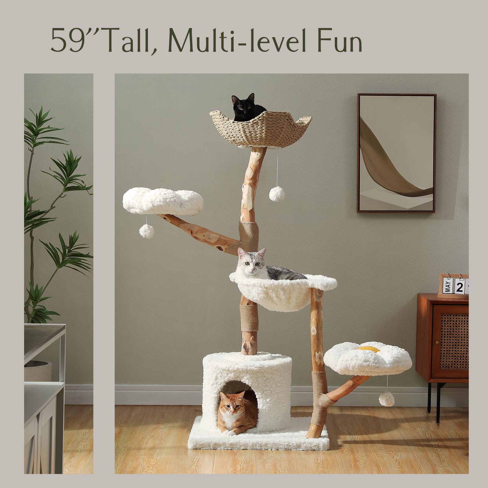 Pawz Road Cat Tree For Indoor Cats Large Adults, 59 Inches Modern Cat Tower With Large Basket And Hammock, Natural Solid Wood, L