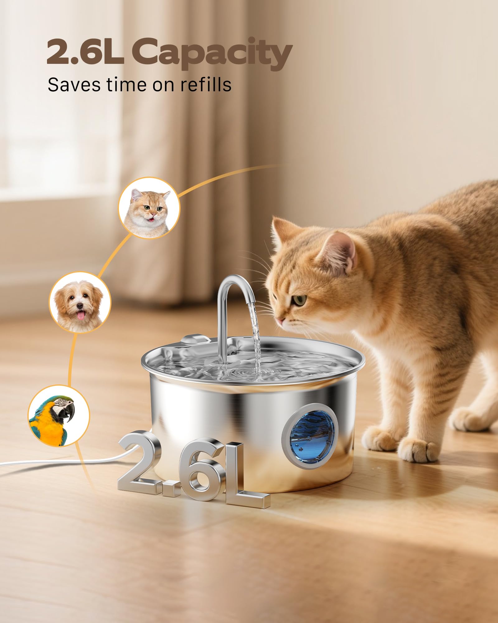 Cat Water Fountain Stainless Steel: Cat Fountain for Drinking - 88oz/2.6L Pet Water Fountain for Cats Indoor - Quiet Cats Water