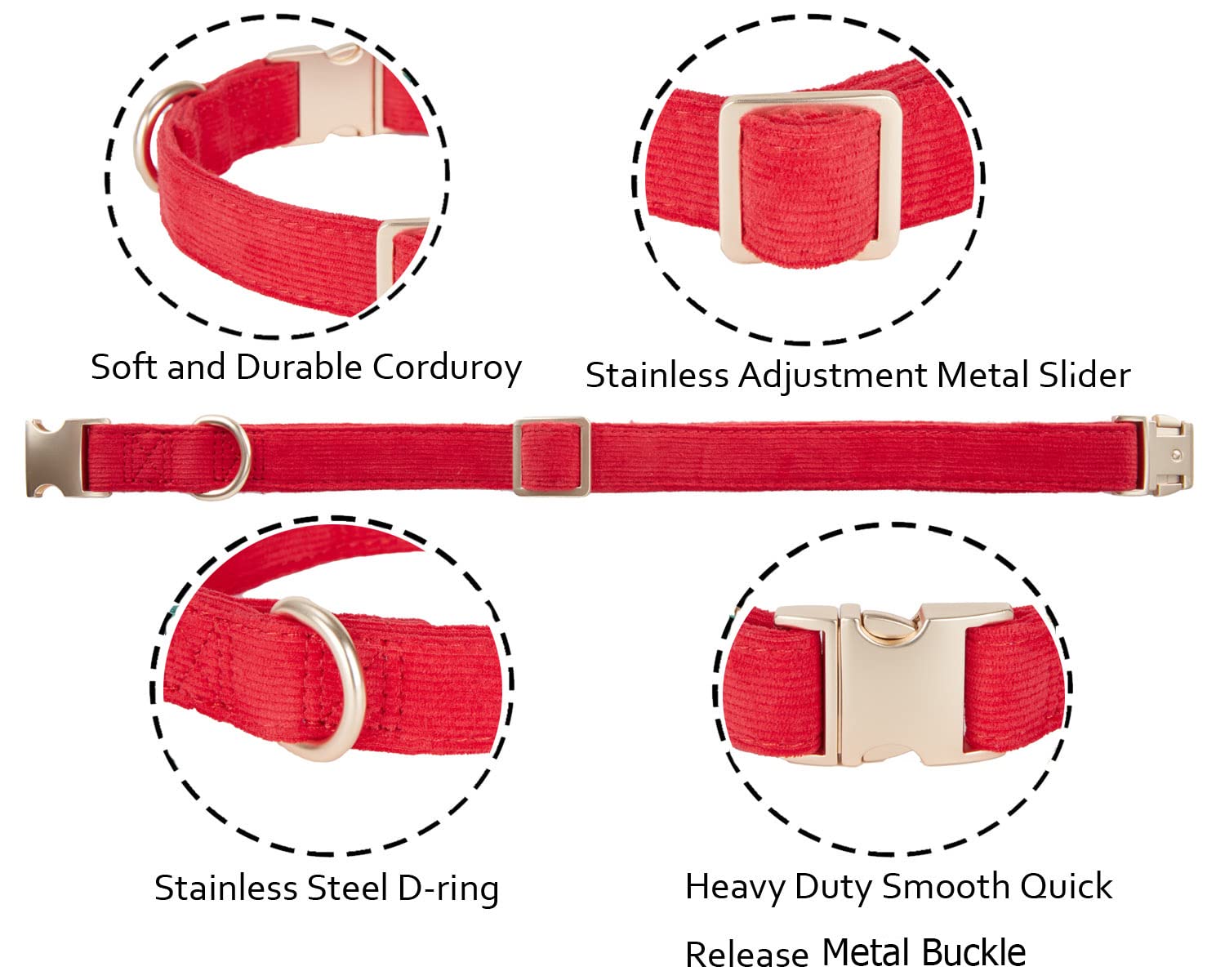 YUDOTE Soft Cotton Dog Collar with Metal Buckle Adjustable Heavy Duty Comfy Corduroy Collars for Small Medium Large Dogs,Red,Sma