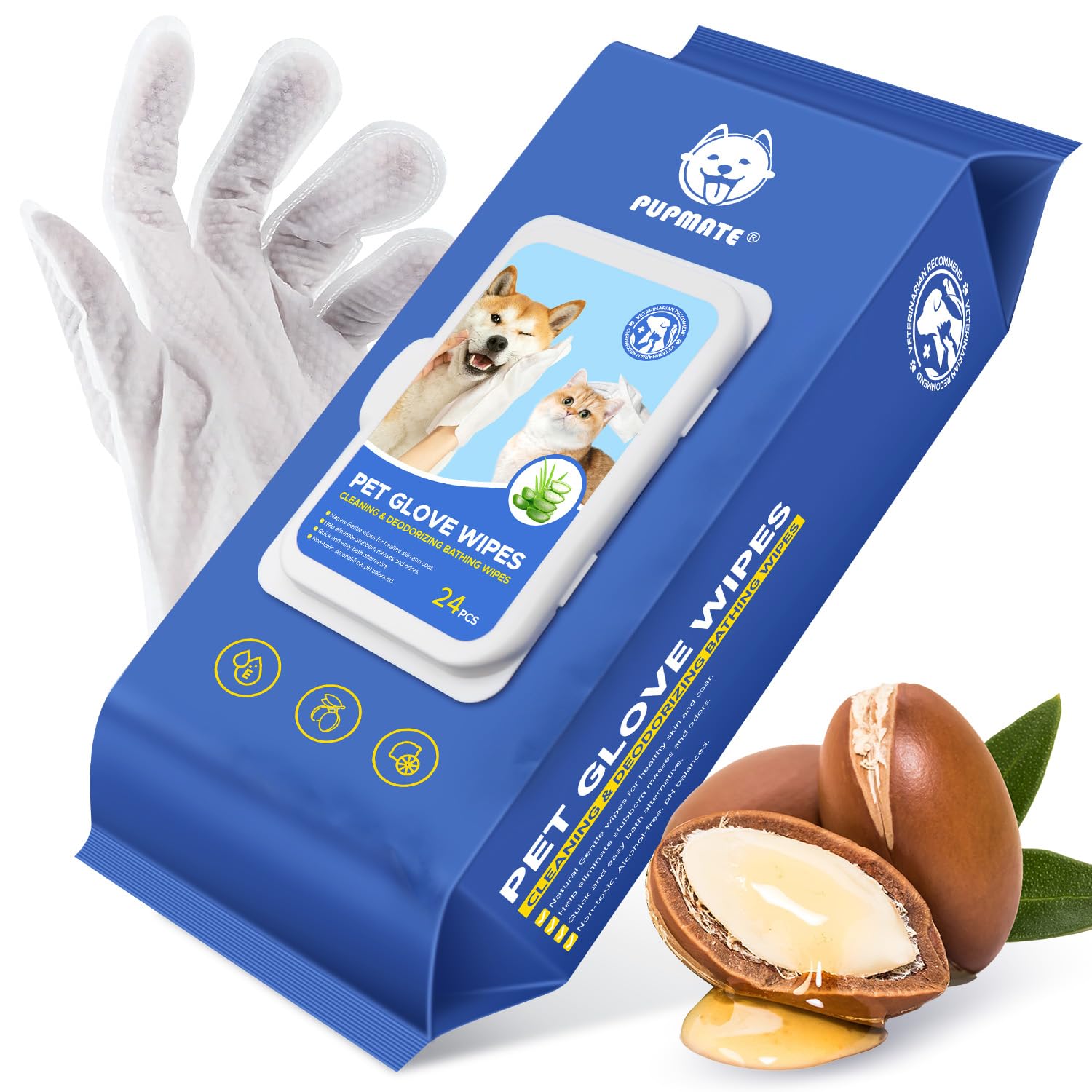 Pupmate Pet Cleaning Glove Wipes For Dogs & Cats, Hypoallergenic Deodorizing Disposable Bathing Wipes,No-Rinse Grooming Wipes, E