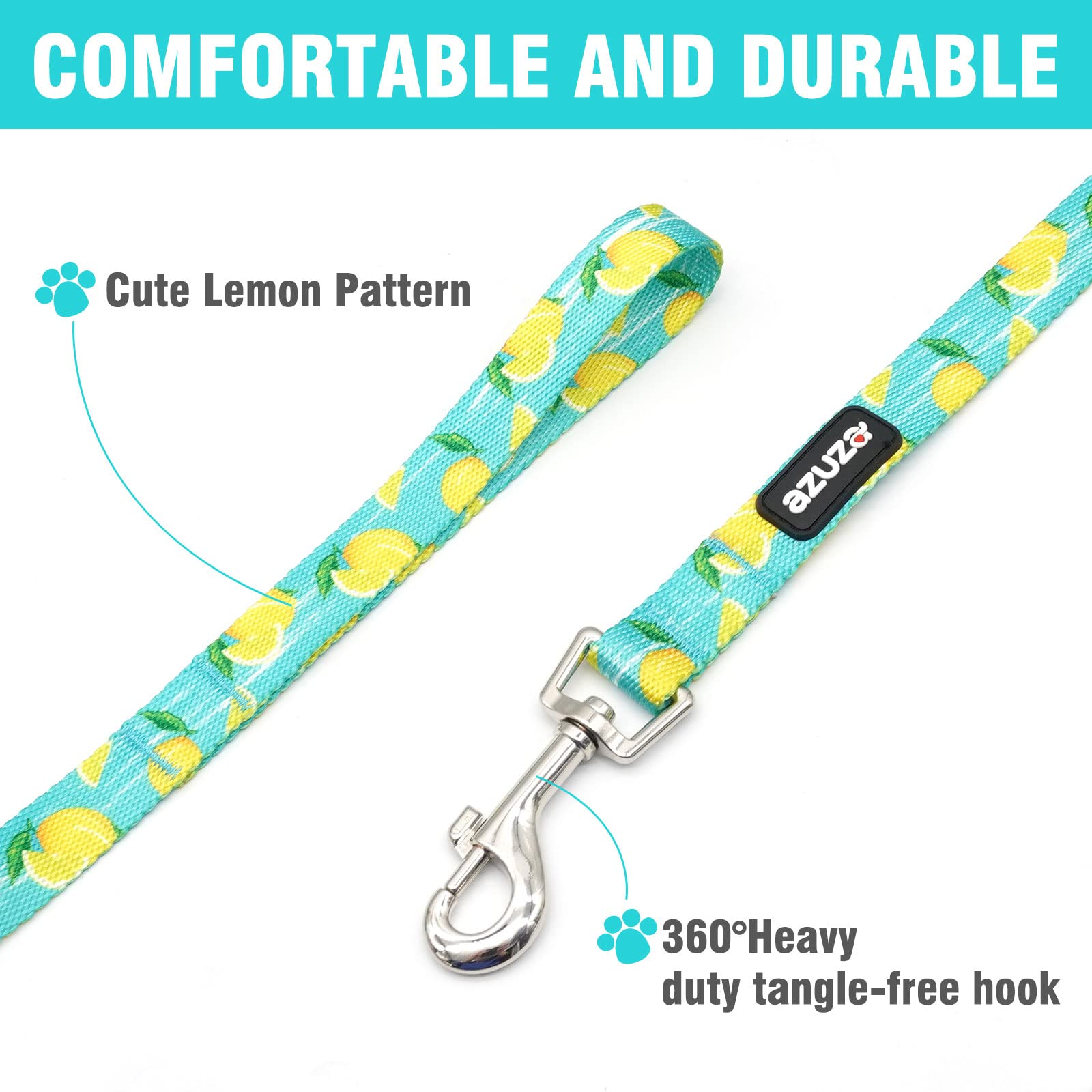 Azuza Dog Collar And Leash Set, Lemon Patterns On Blue Nylon Collar And Matching Leash, Great Option For Small Dogs