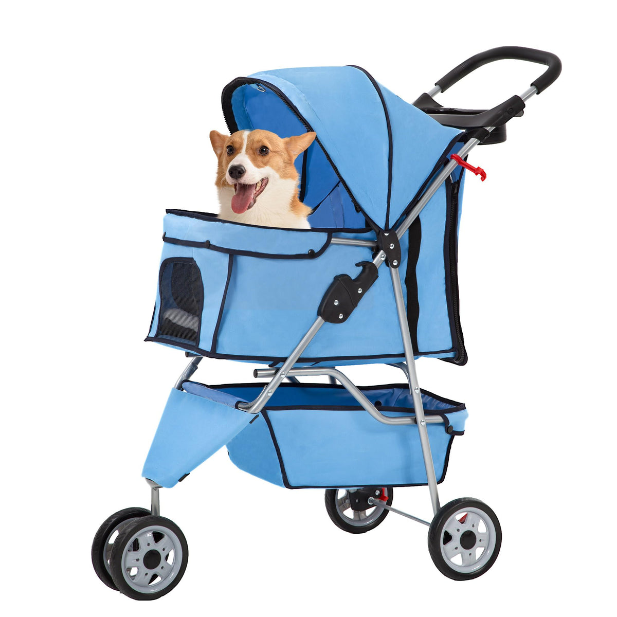 Fdw Pet Stroller 3-Wheel Durable Foldable Cat Dog Stroller With Washable Liner Storage Basket Cup Holder,Blue