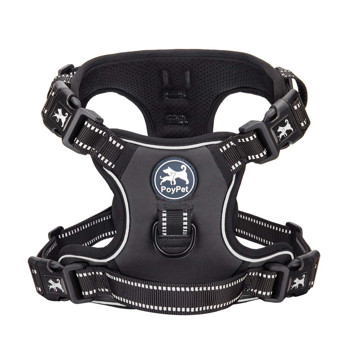 Poypet 2019 Upgraded No Pull Dog Harness With 4 Snap Buckles, 3M Reflective With Front & Back 2 Leash Hooks And An Easy Control Handle For Large Breed Dogs [No Need Go Over Dog’S Head] (Black,L)