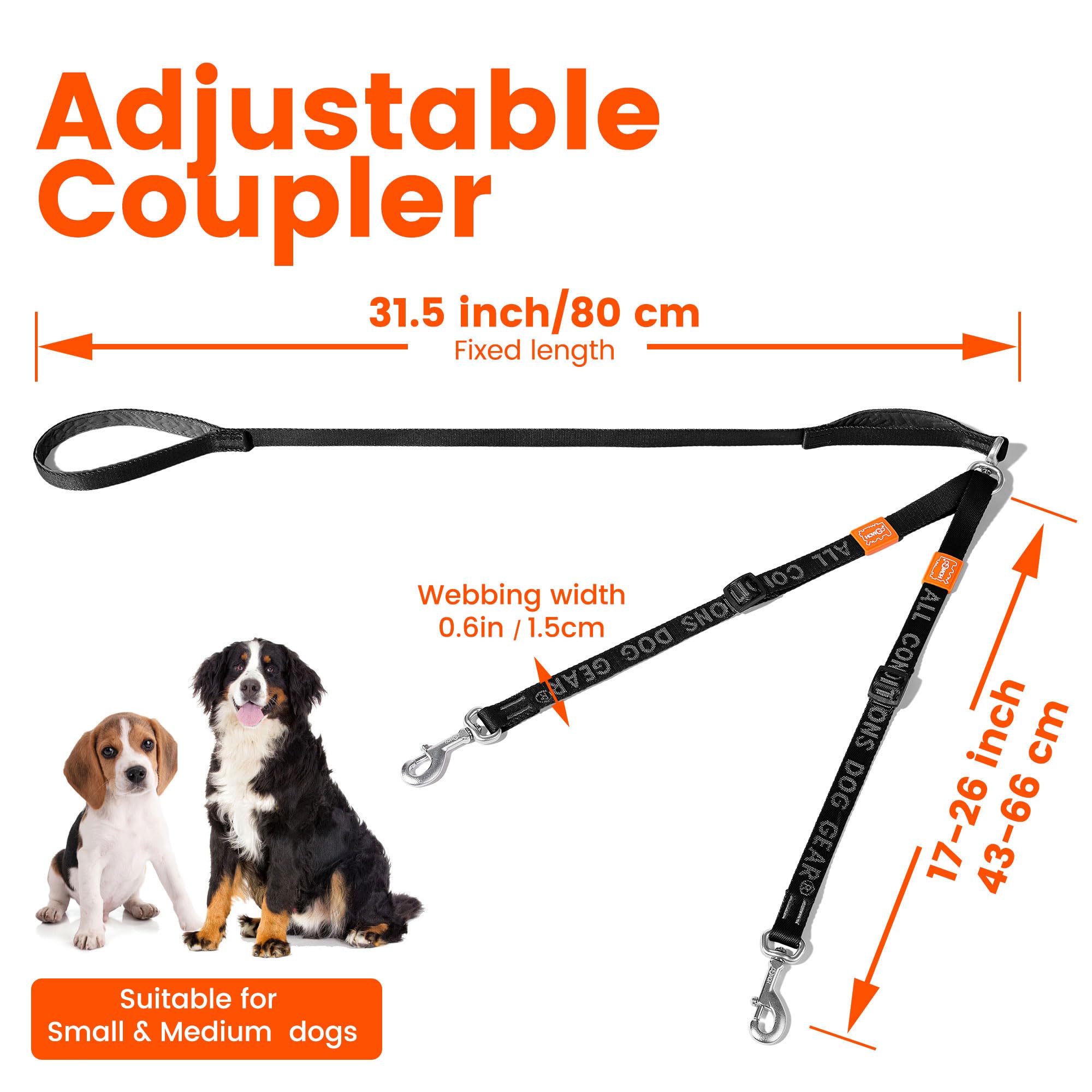 Howgo Double Dog Leash, No Tangle 360 Swivel, Adjustable Two Padded Handles, Double Clip Dog Leash Coupler Splitter For Small An