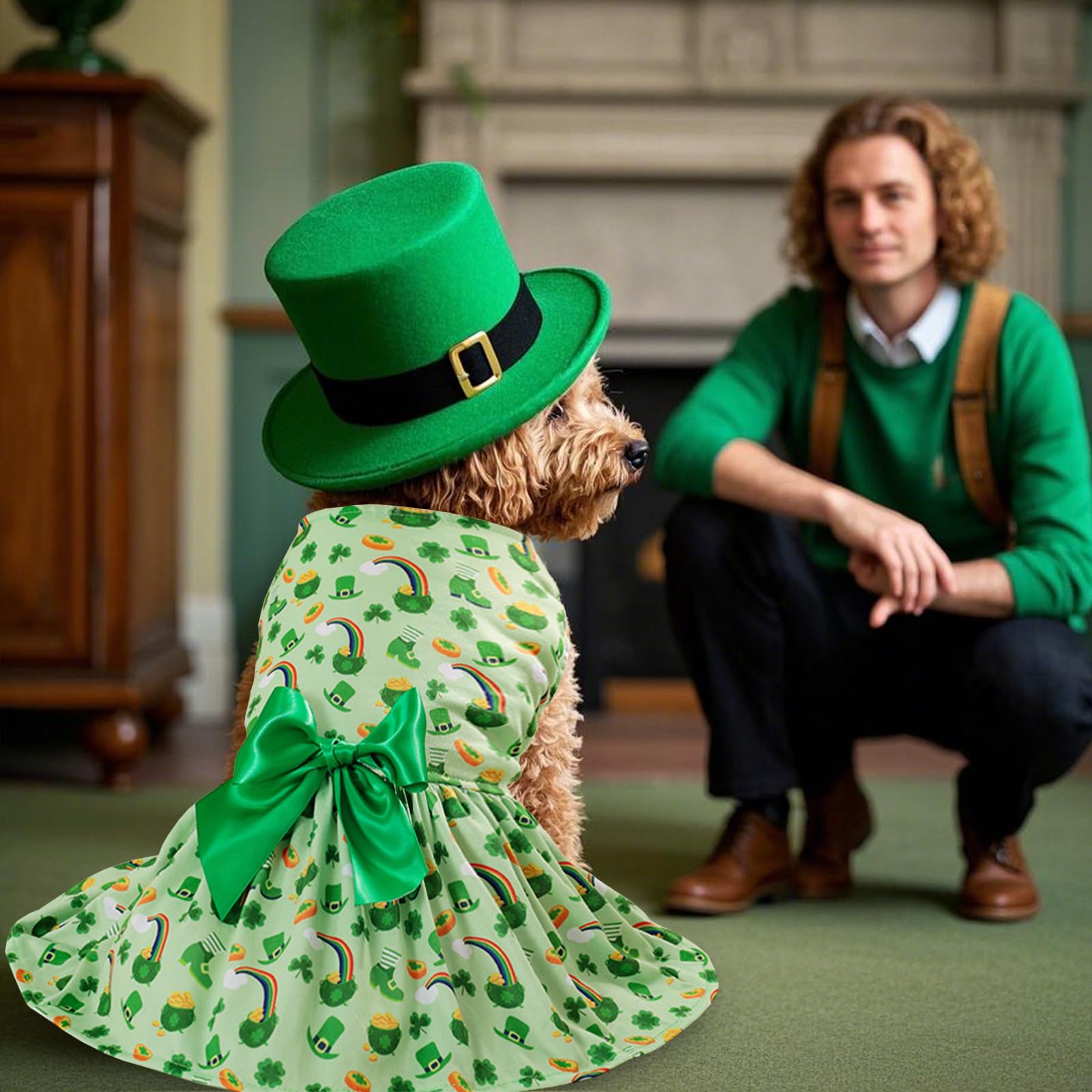 St. Patrick'S Day Dog Costume Dress L, Green Clover And Horseshoe Print With Satin Bow, Pet Dress For 11-13 Lbs Dogs And Cats, F