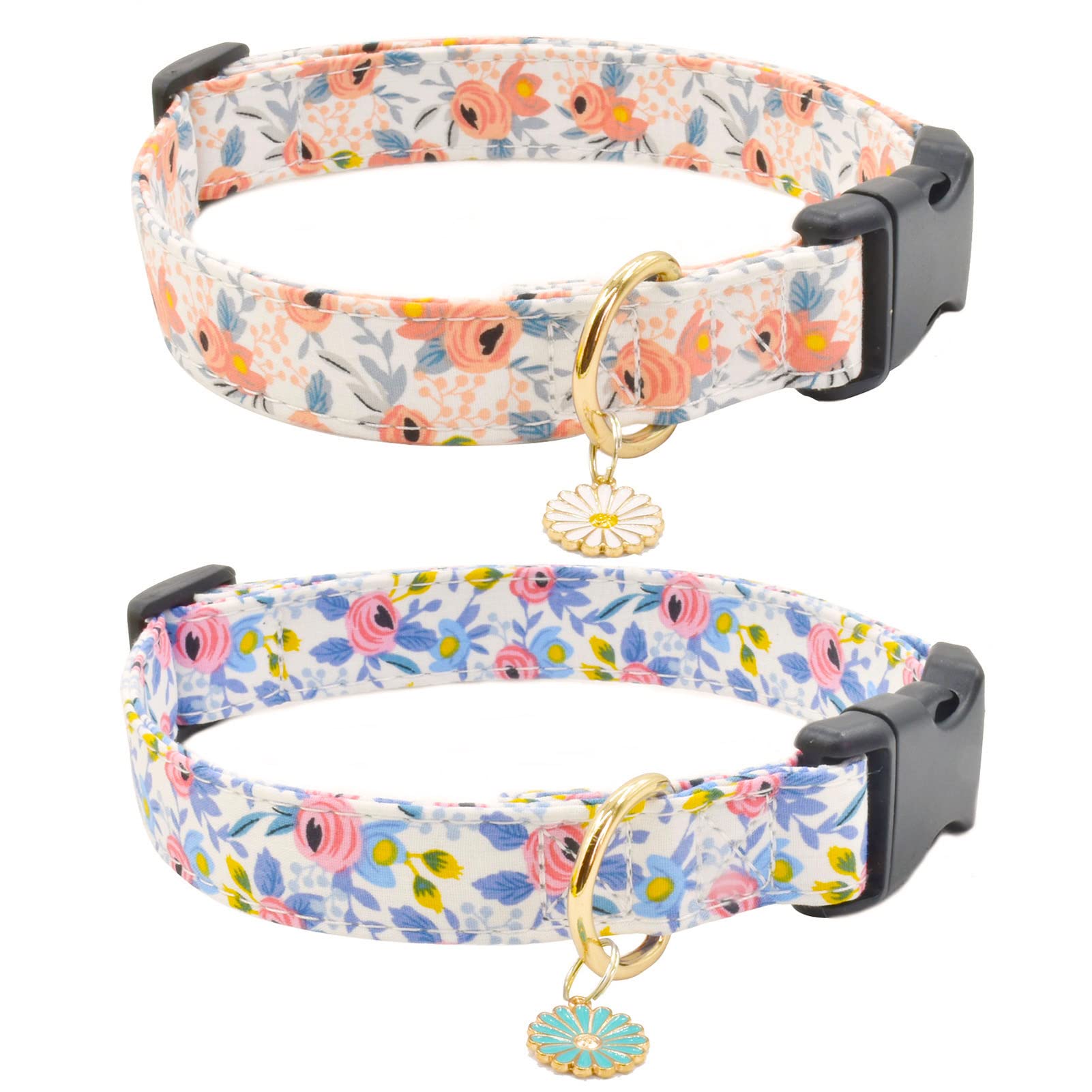 2 Pcs Cotton Dog Collar Soft Cute Flower -3 Sizes Soft Nylon Puppy Collar Adjustable For Girl Female Small Medium Large Dogs (M(