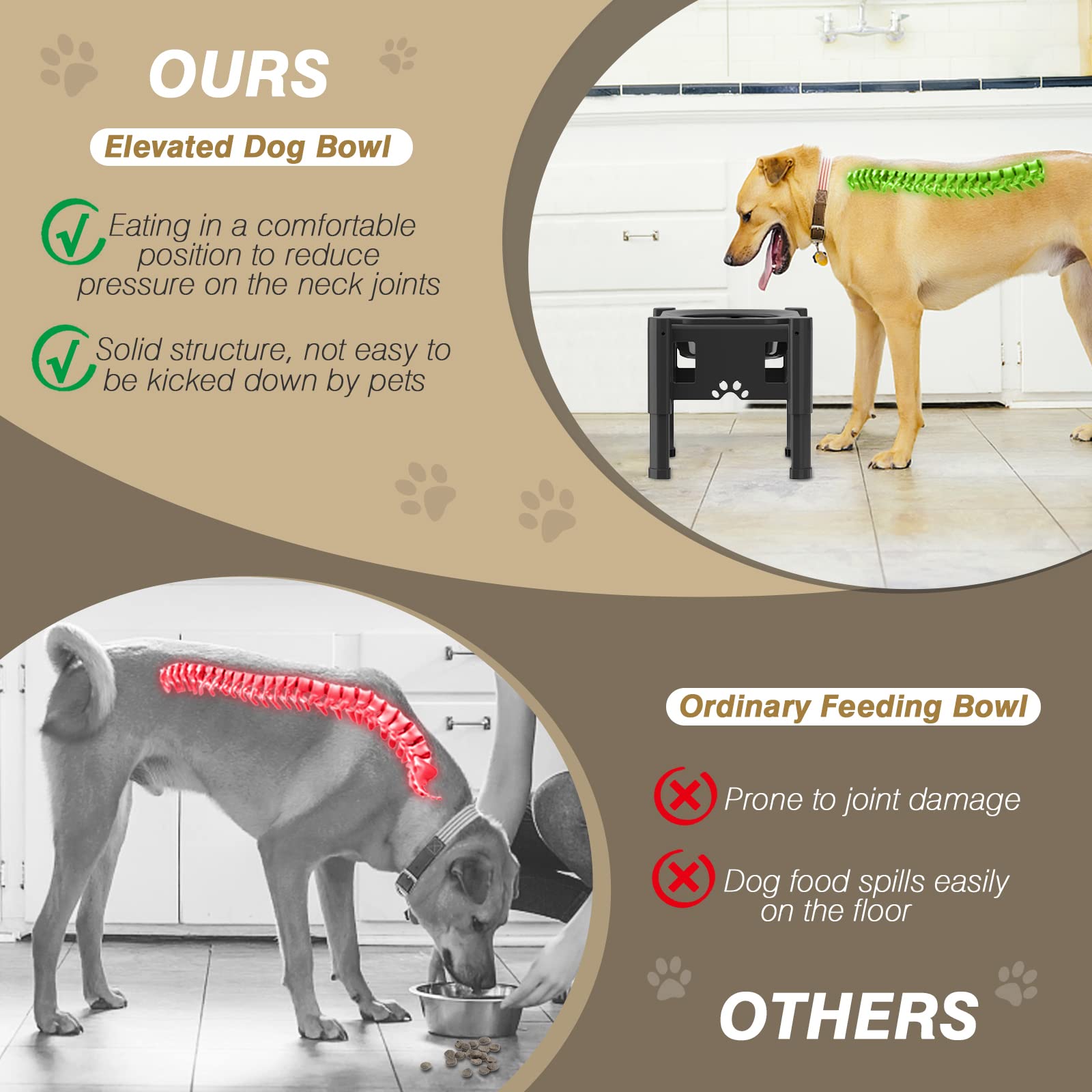 Lewondr Elevated Dog Bowl Slow Feeder, Stainless Dog Water Bowl, 3 Heights Adjustable Non-Slip Raised Dog Bowl Stand, Detachable