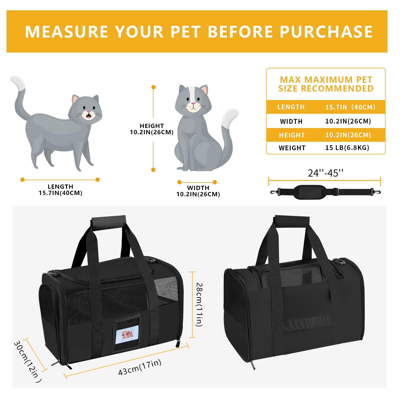 Seclato Pet Carrier - Airline Approved For Small Dogs, Kittens, Cats Under 15Lb - Collapsible Soft Sided Tsa Cat Travel Carrier - Black