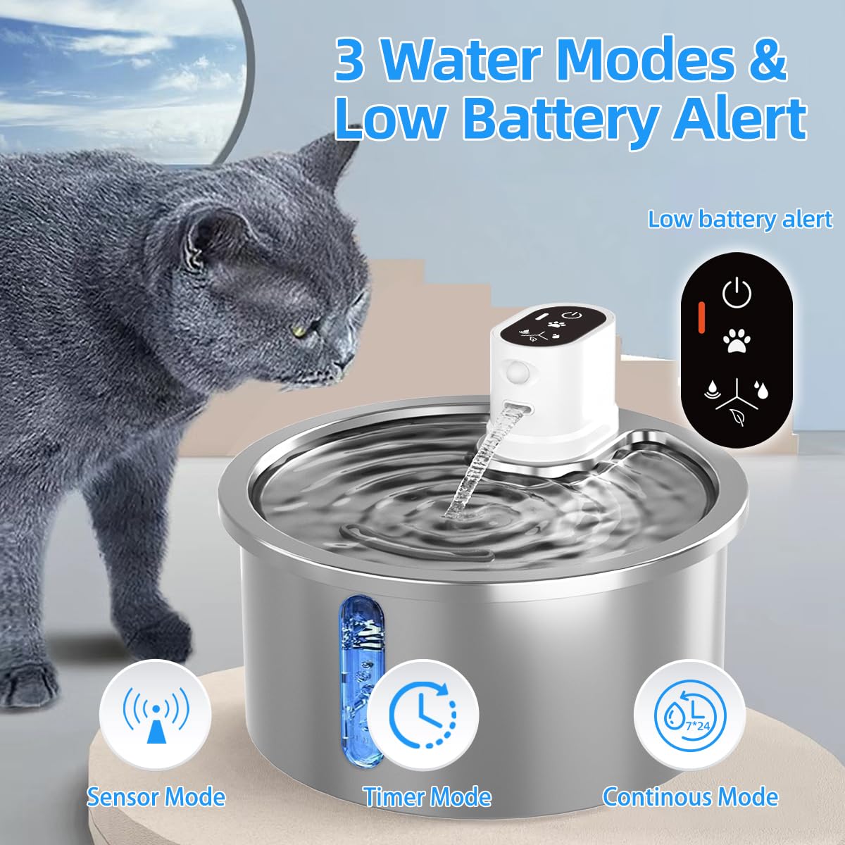 Stainless Steel Wireless Cat Water Fountain 3.2L/108Oz Automatic Cat Water Dispenser 4000Mah Battery Operated Large Capacity Pet