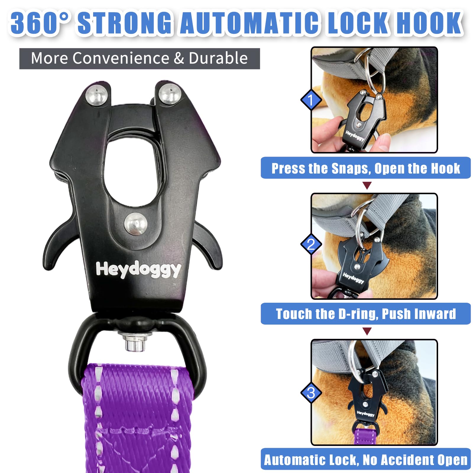 Strong Heavy Duty Dog Leash - 5Ft Reflective Nylon Training Leash With Soft Padded Double Handle & Auto Lock Frog Clip, Safety T