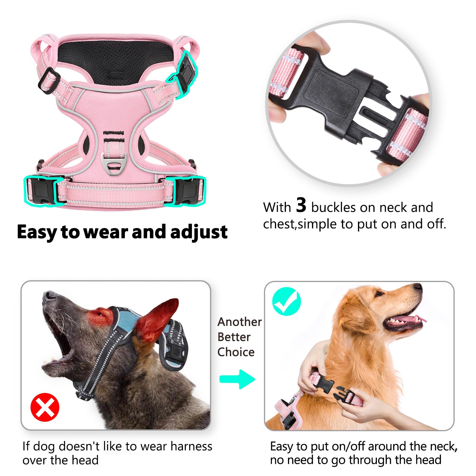 No Pull Dog Harness, No Choke Front Lead Dog Reflective Harness, Adjustable Soft Padded Pet Vest With Easy Control Handle For Sm