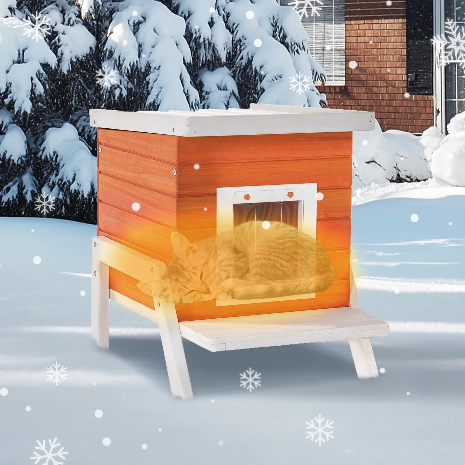 Petsfit Cat House Outdoor, Insulated High Feet + Feeding Station +Door Curtain, Wood Outside Cat House, Bunny Rabbit Hutch Orange