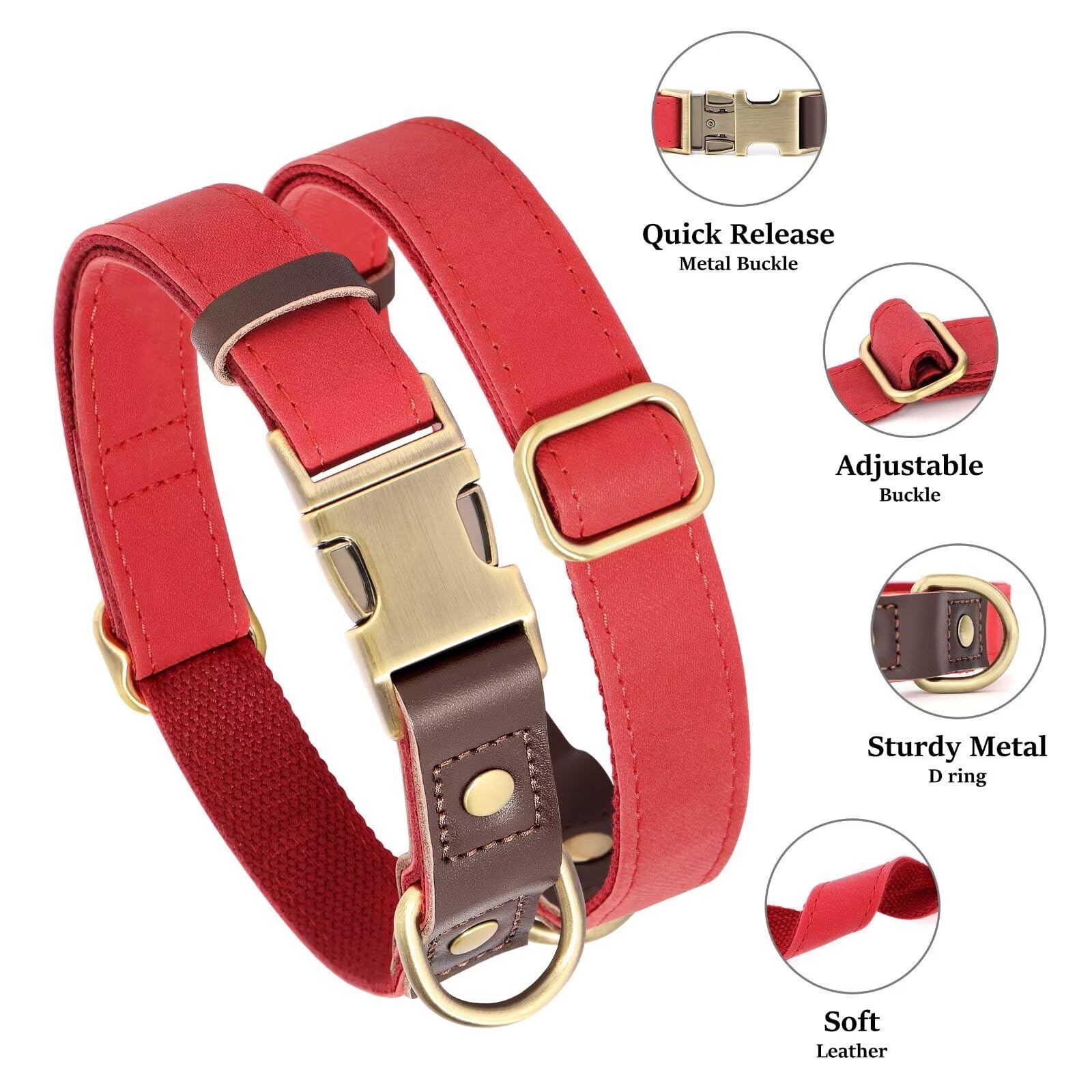 Didog Soft Padded Leather Dog Collar For Large Dogs, Classic Heavy Duty Dog Collar Adjustable With Quick Release Metal Buckle, R