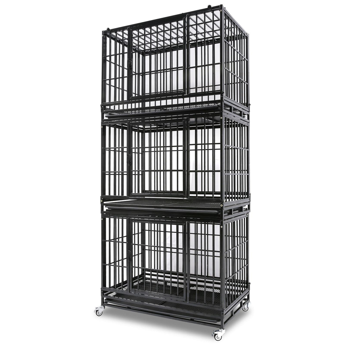 Homey Pet Three Tiers 37 Inch Dog Crates Cage Stackable, Heavy Duty Indestructible Dog Kennel Indoor For Medium Sized Dogs, Stee
