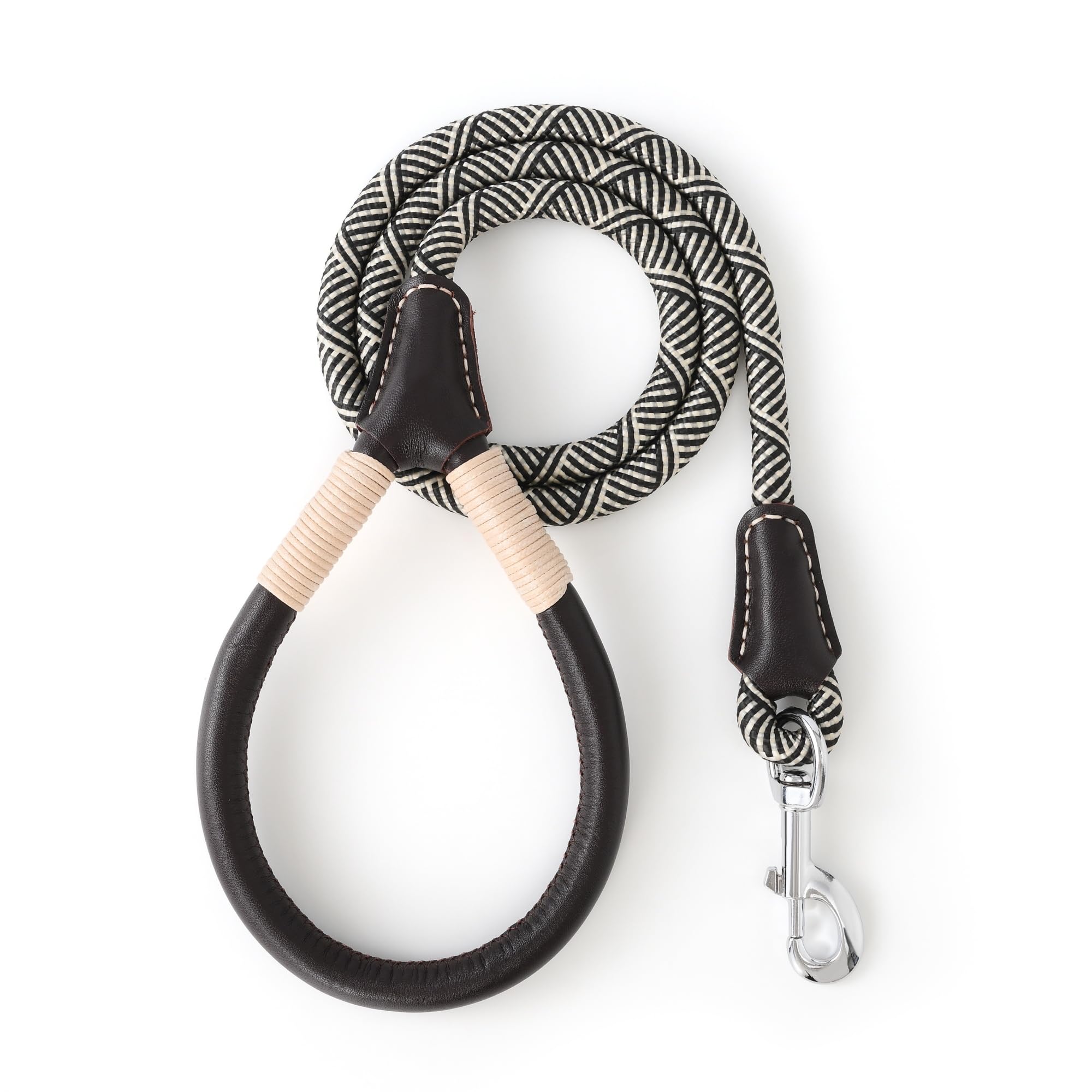Mile High Life Genuine Leather Wrapped Handle Dog Leash, W Heavy Duty Clasp Rope Leash For Small Medium Large Dogs (Black Beige,