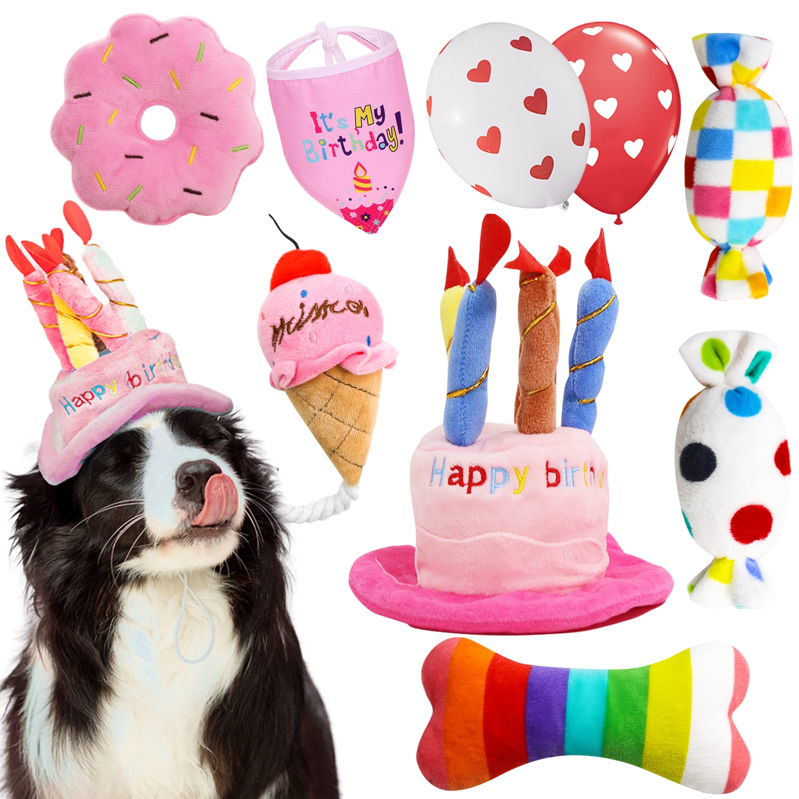 Lilfrd Dog Birthday Toys Girl, Squeaky Plush Birthday Cake Hat Bandana, Birthday Gifts For Small & Medium Dog, 9 Pack Pink