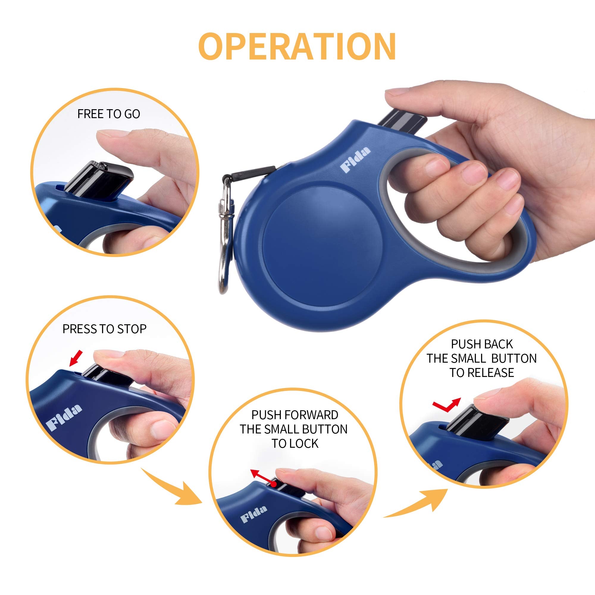 Fida Retractable Dog Leash, 10Ft Heavy Duty Pet Walking Leash For X-Small Dog Or Cat Up To 18 Lbs, Tangle Free. One-Hand Brake (