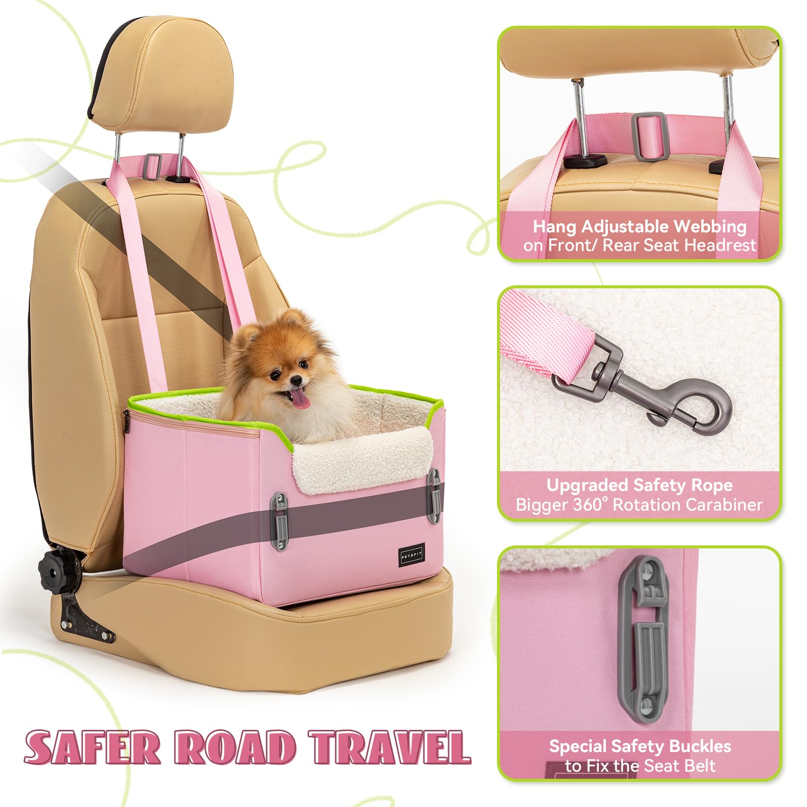 Petsfit Small Dog Car Seat, Puppy Portable Dog Booster Seat For Car With Clip-On Leash, Adjustable Straps Suitable For Small Pets Up To 25Lbs (Pink)