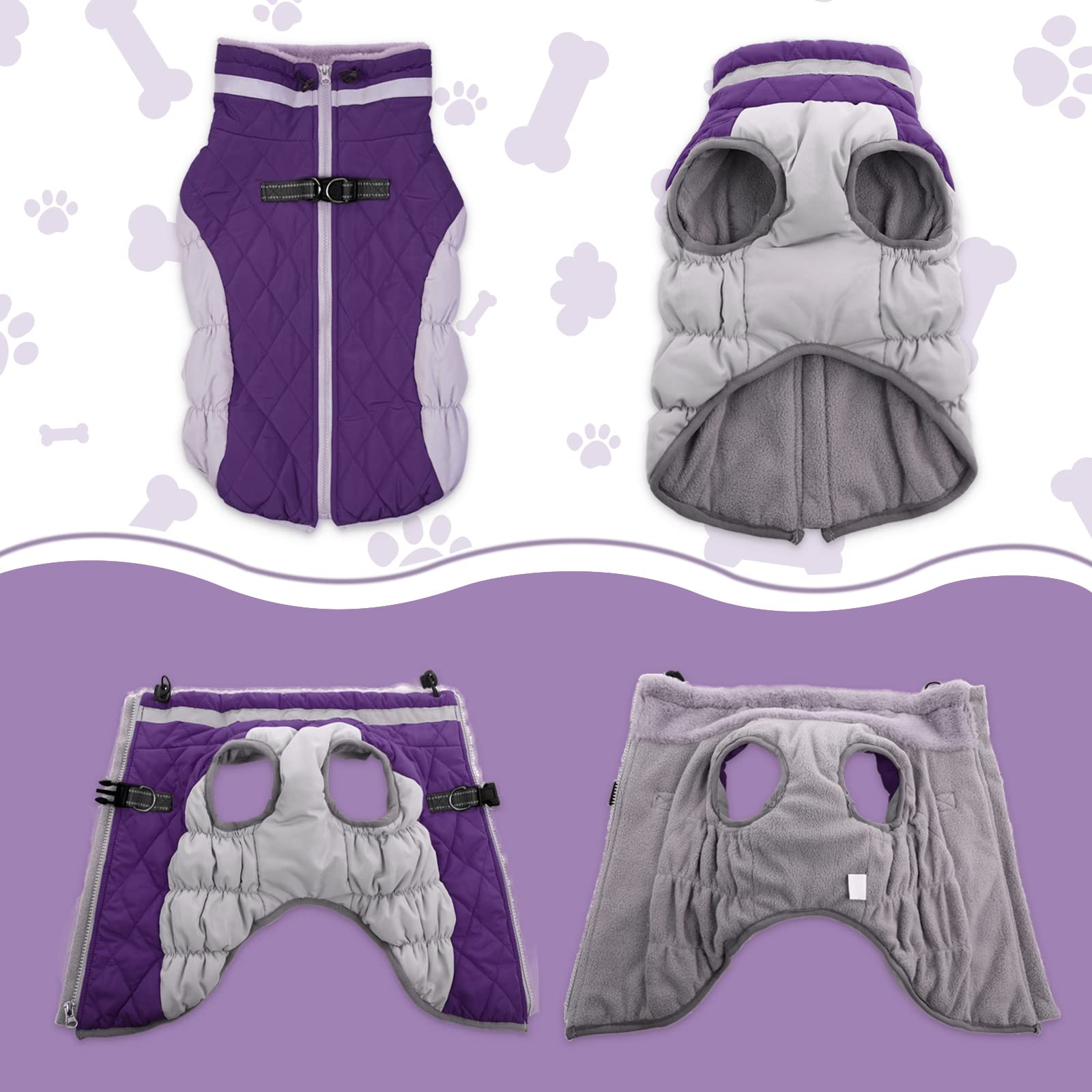 LeLePet Warm Dog Winter Coat, Waterproof Fleece, Windproof, Reflective, Turtleneck, Harness, Purple, XXX-Large