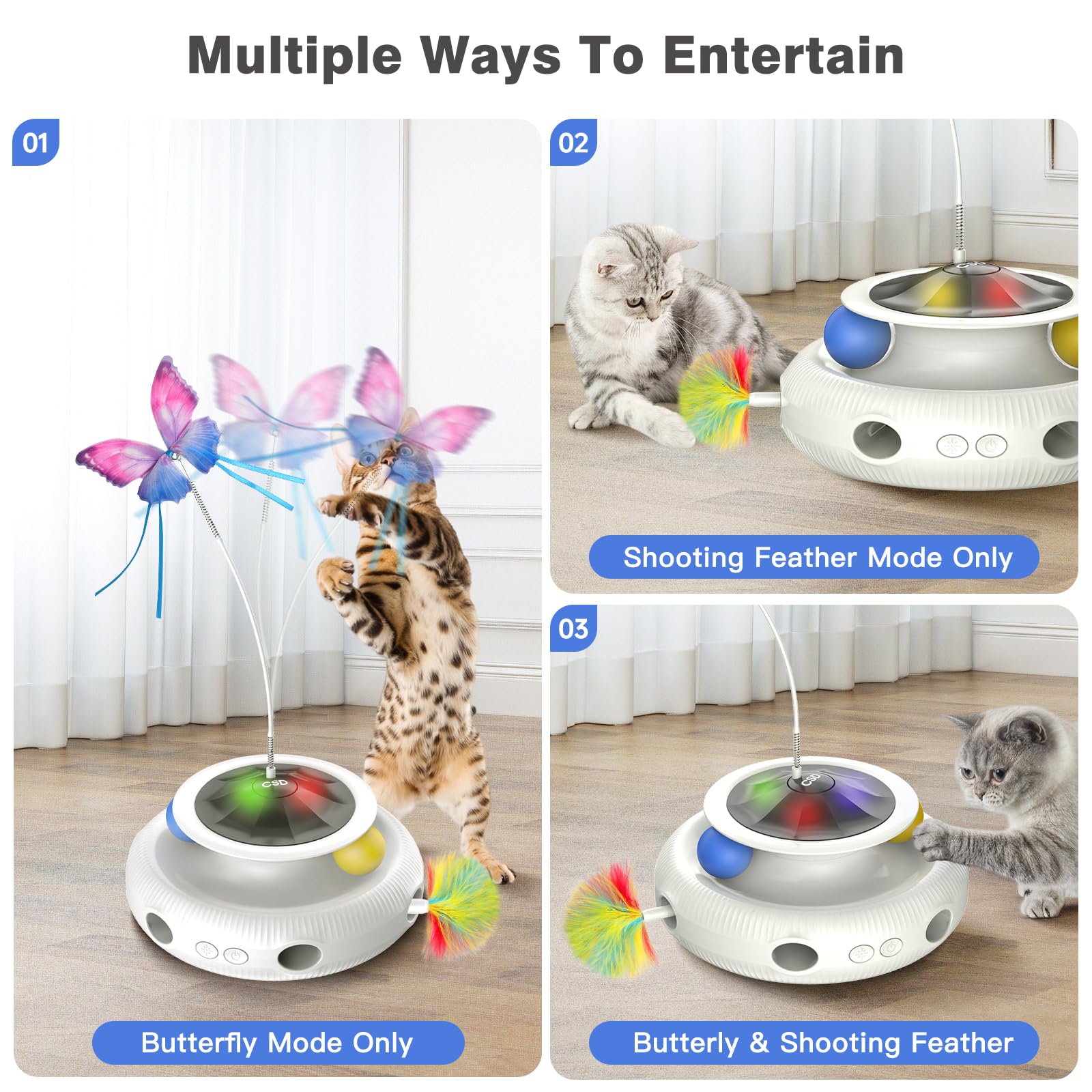 Automatic Interactive Cat Toys For Indoor Cats & Bored Adults - Kitten Toys With Fluttering Butterfly, Ambush Feather & Track Ba