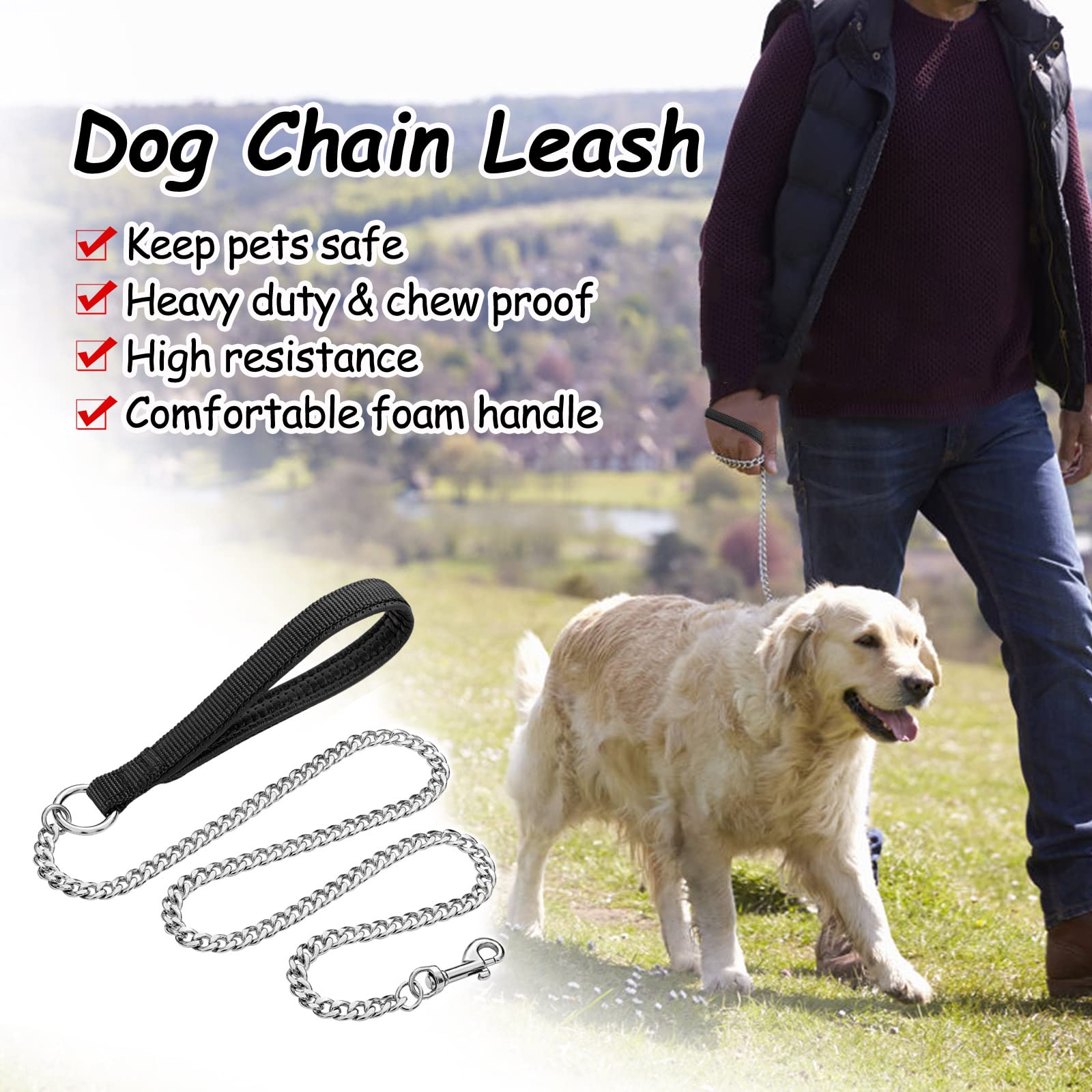 Heavy Duty Metal Dog Leash, 6 Ft Chew Proof Pet Leash Chain With Soft Padded Handle For Large & Medium Size Dogs (6 Ftx3 Mm (30-120 Lbs))
