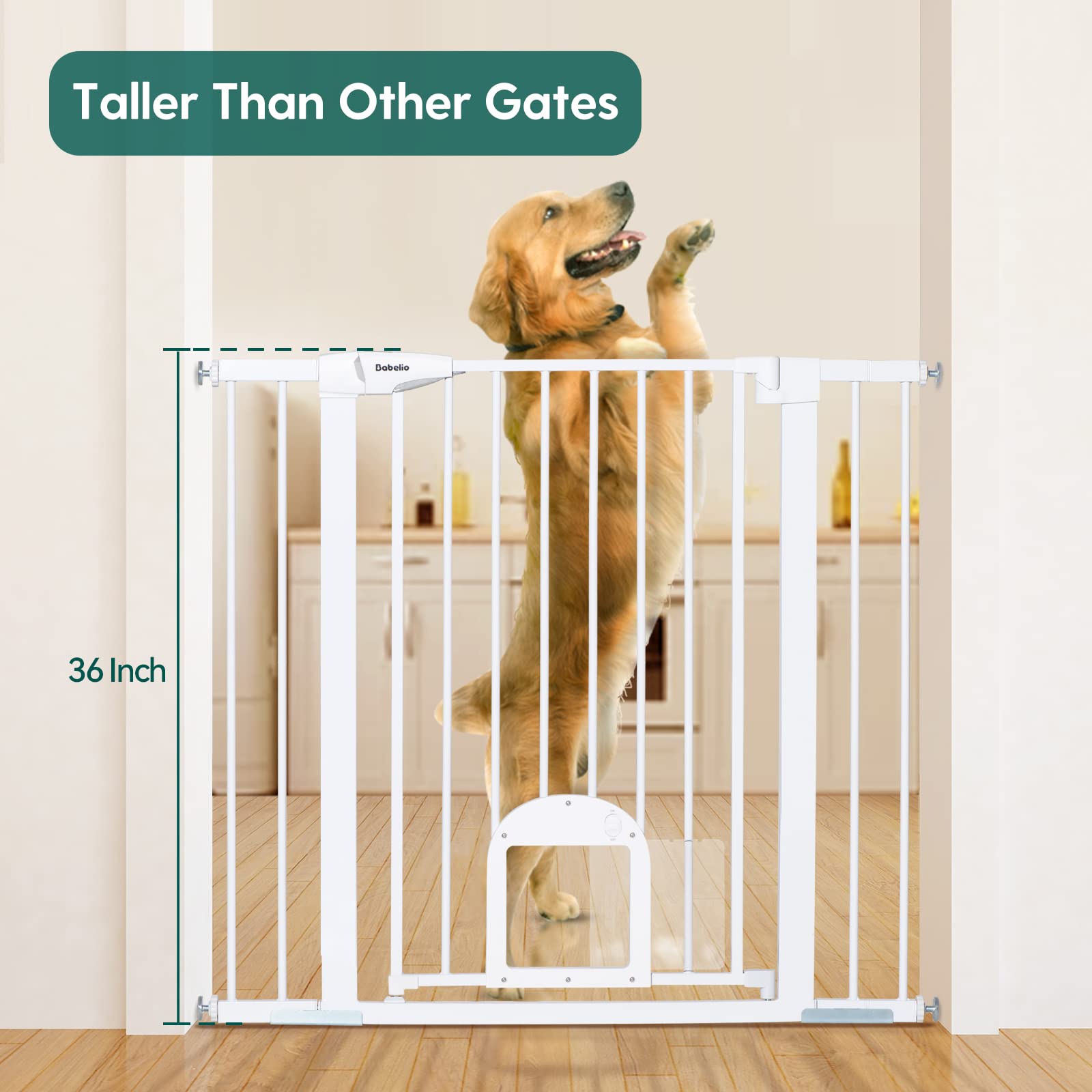 Babelio 36' Tall Upgraded Baby Gate With Cat Door, 29-43' Auto Close Durable Dog Gate For Stairs, Doorways And House, Easy Walk Thru Safety Gate With Pet Door Includes 4 Wall Cups, White