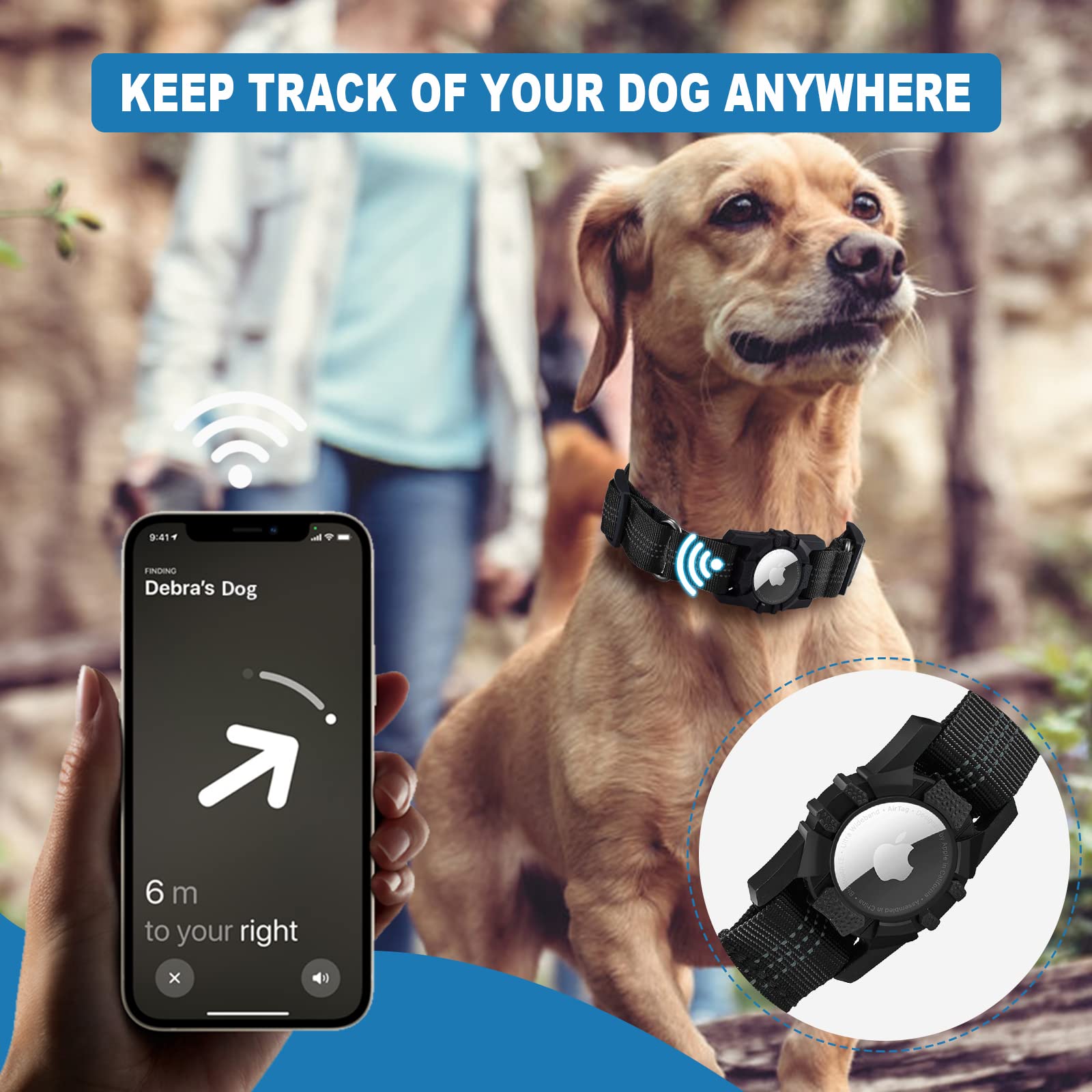 Dog Collar for Airtag, Reflective Adjustable Pet Collar for Apple AirTags, Soft Nylon Dog Collars with Air Tag Holder Case, Dura