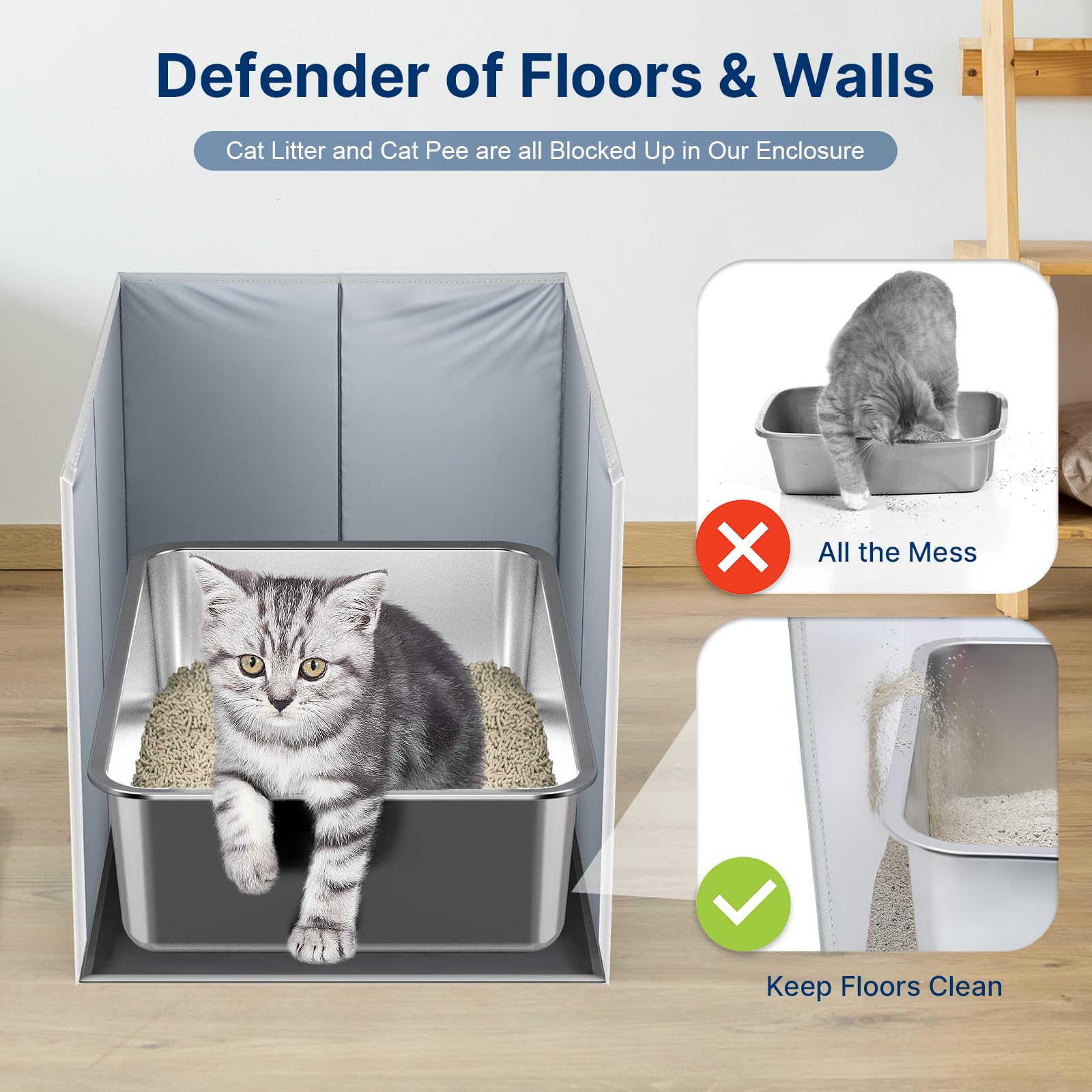 24'' L  16.92'' W  16.14'' H Cat Litter Box Enclosure Splash Guard With Removable Mat, High Sided Large Litter Box Shield For Li