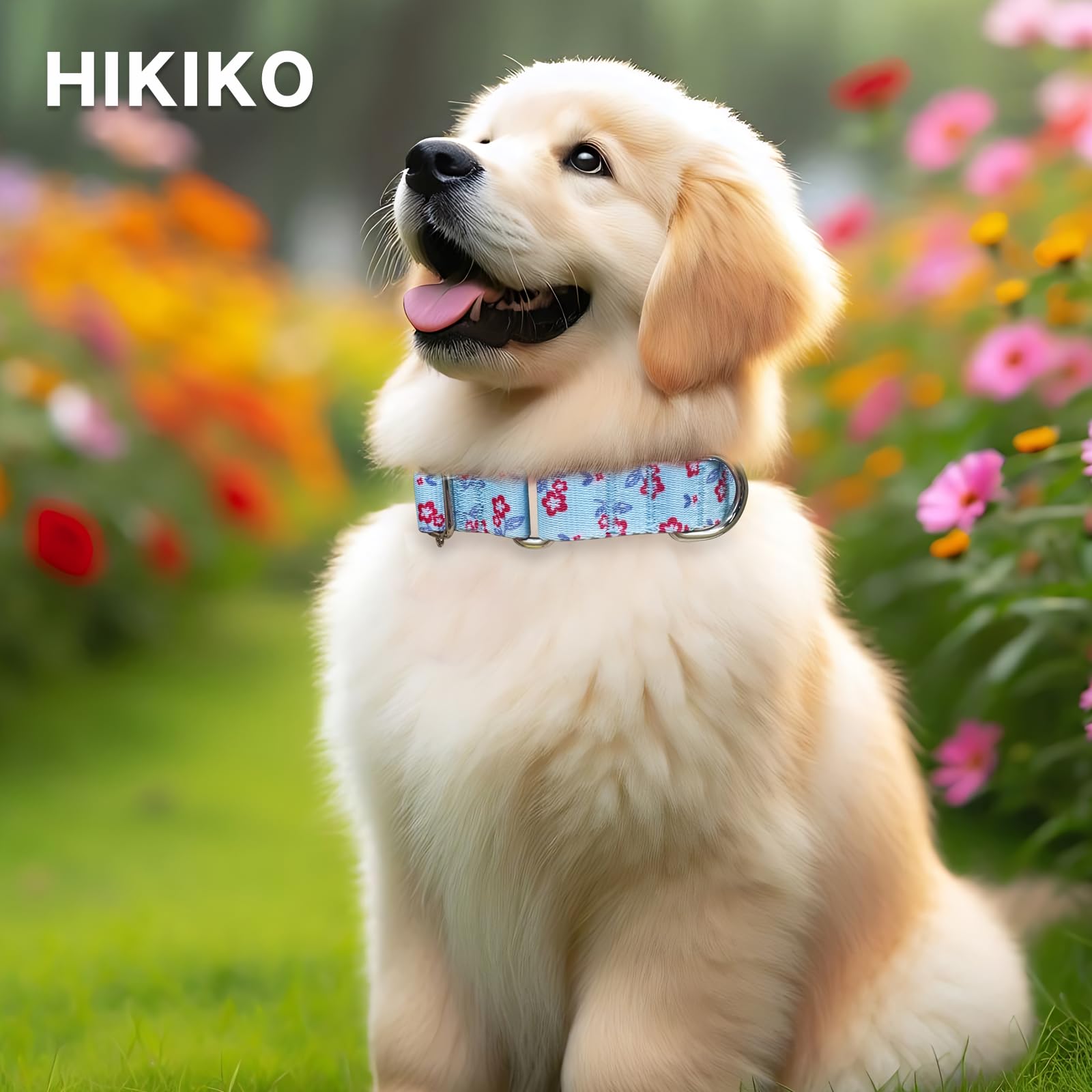 Hikiko Martingale Dog Collar With No Buckle Cute Girl Flower Dog Collars Comfortable Nylon Choke Collar For Medium Dogs,Light Bl
