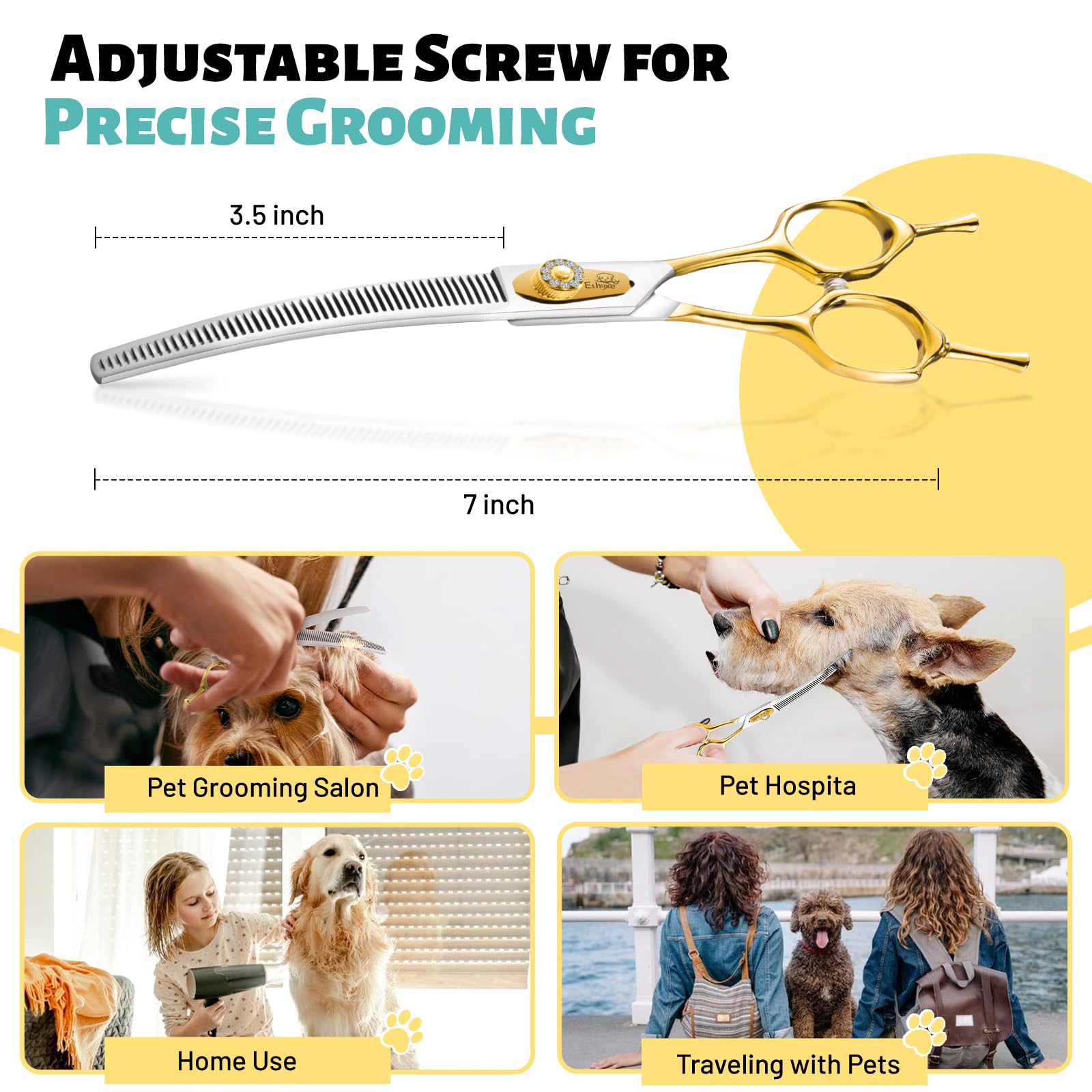 Ethyxe 7'' Curved Thinning Shears Dog Grooming -Professional 50-Teeth 440C Stainless Steel Pet Thinners Blender Scissors With Ex