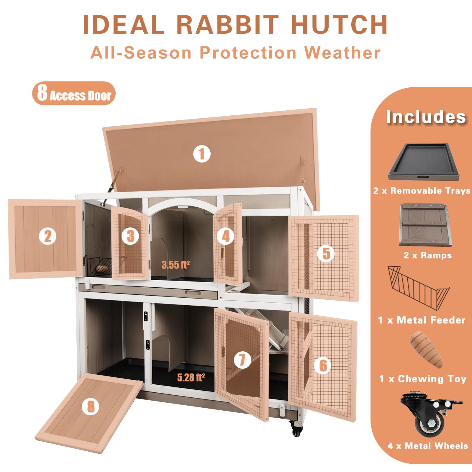 Gowoodhut 47''L Rabbit Hutch Indoor Wooden 2 Story Rabbit Large Bunny Hutch Outdoor Bunny Cage On 4 Metal Wheels And 2 Deeper Pu