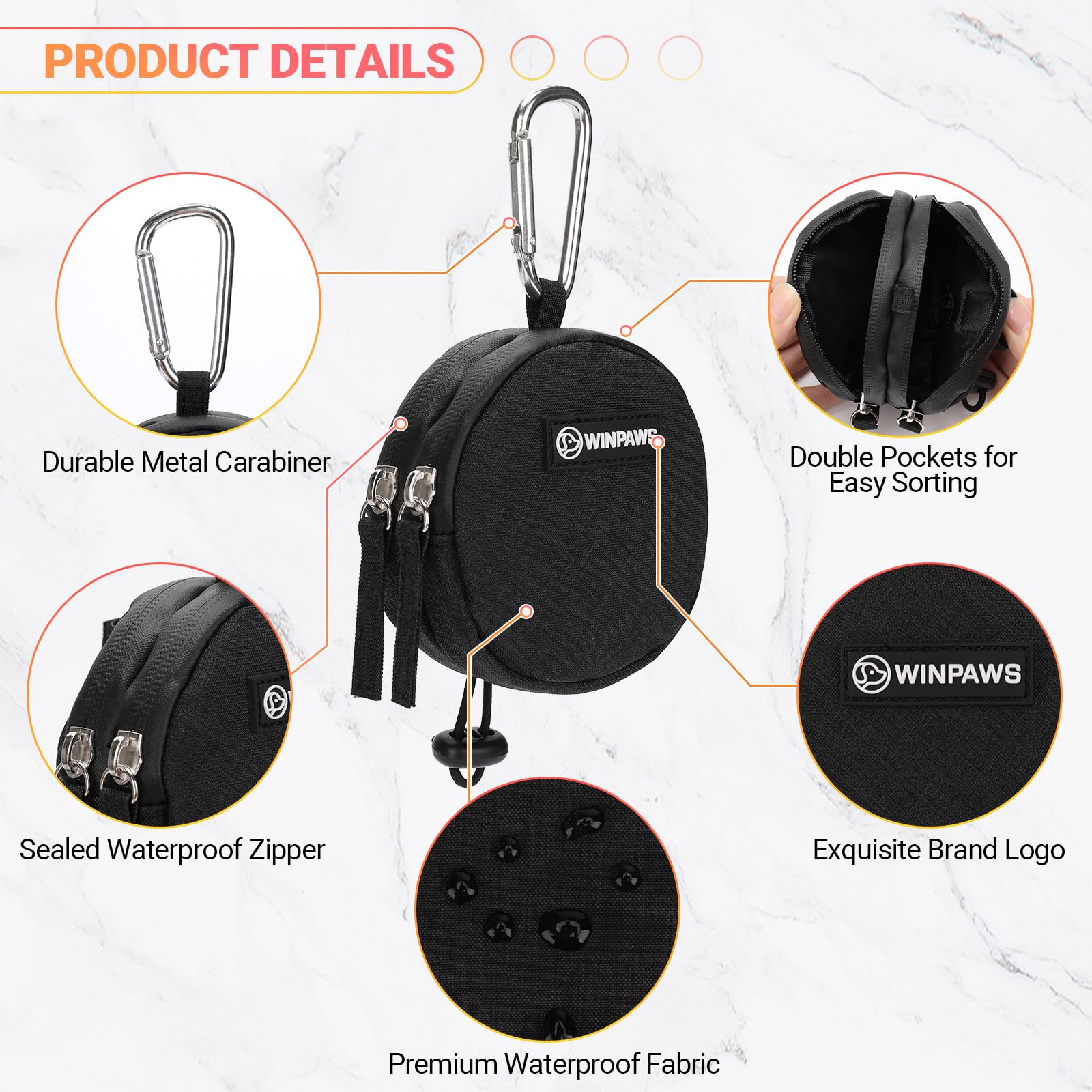 Dog Poop Bag Holder for Leashes- Dog Treat Pouch with Waterproof Zipper,Puppy Training Small Bag with Carabiner & Bungee Toggle,