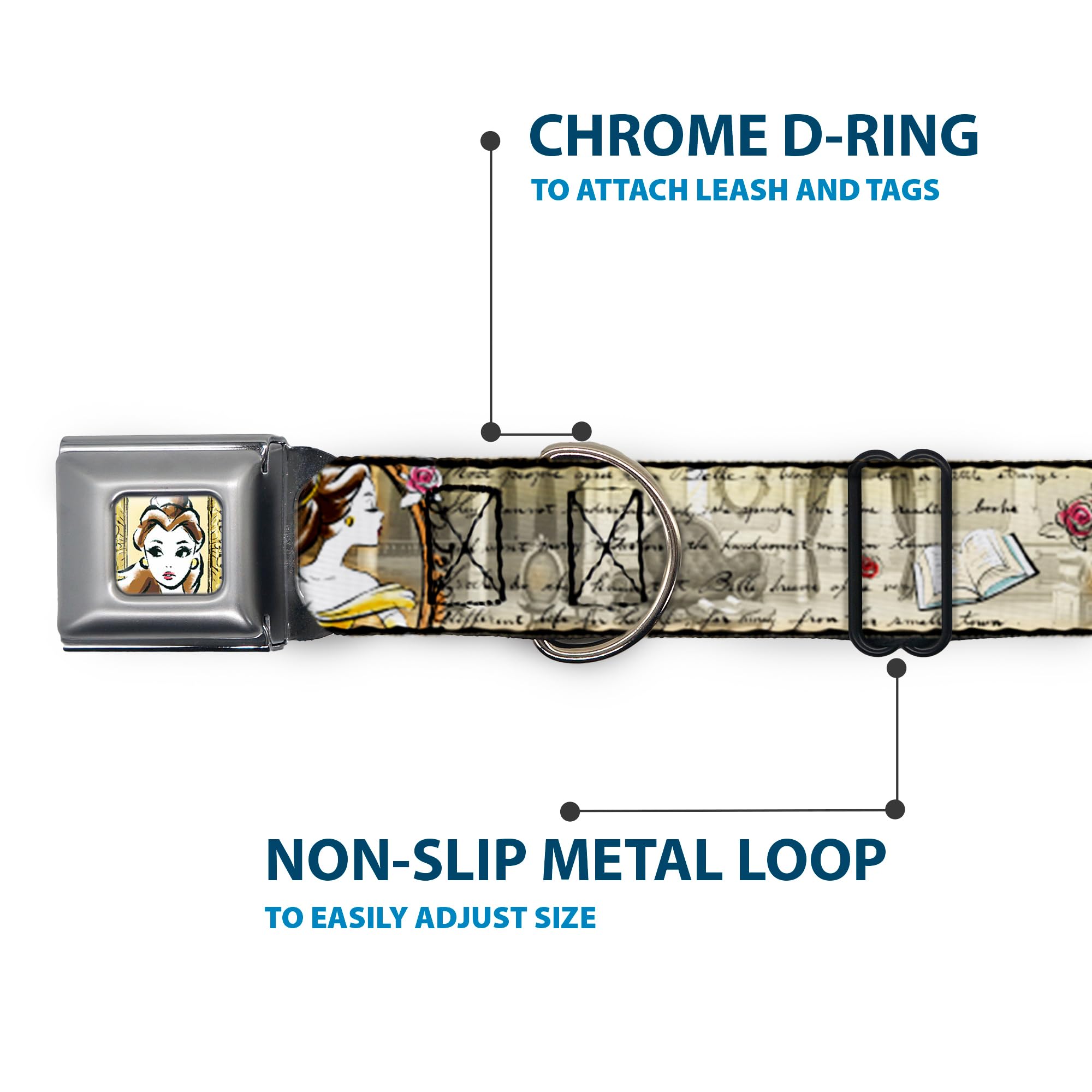 Buckle-Down Seatbelt Buckle Dog Collar - Belle Sketch Poses/Story Script - 1'' Wide - Fits 9-15'' Neck - Small