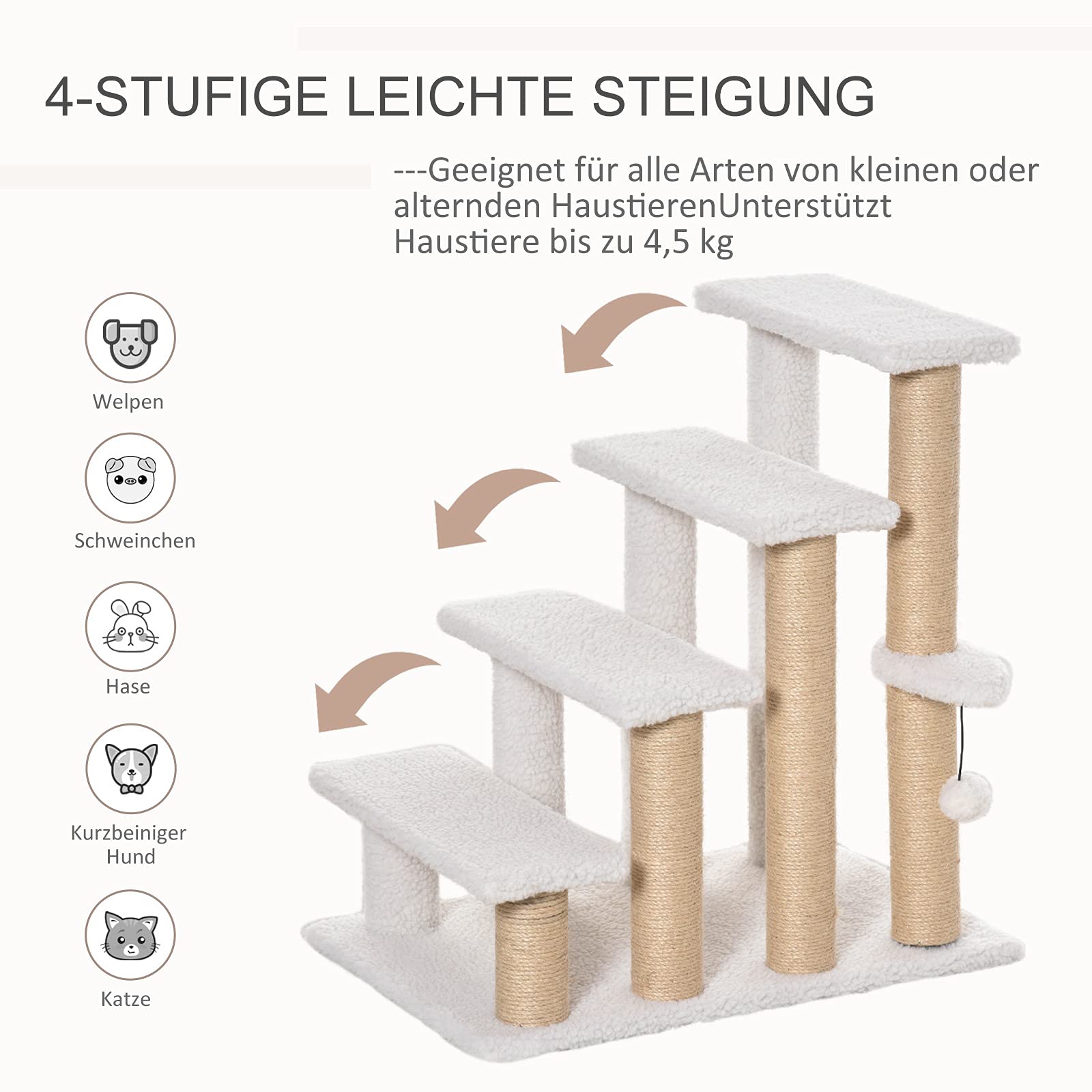 Pawhut Pet Stairs With Scratching Post Ball 4-Step Cat Stairs Dog Stairs Chipboard Plush Jute White 60 X 40 X 64 Cm