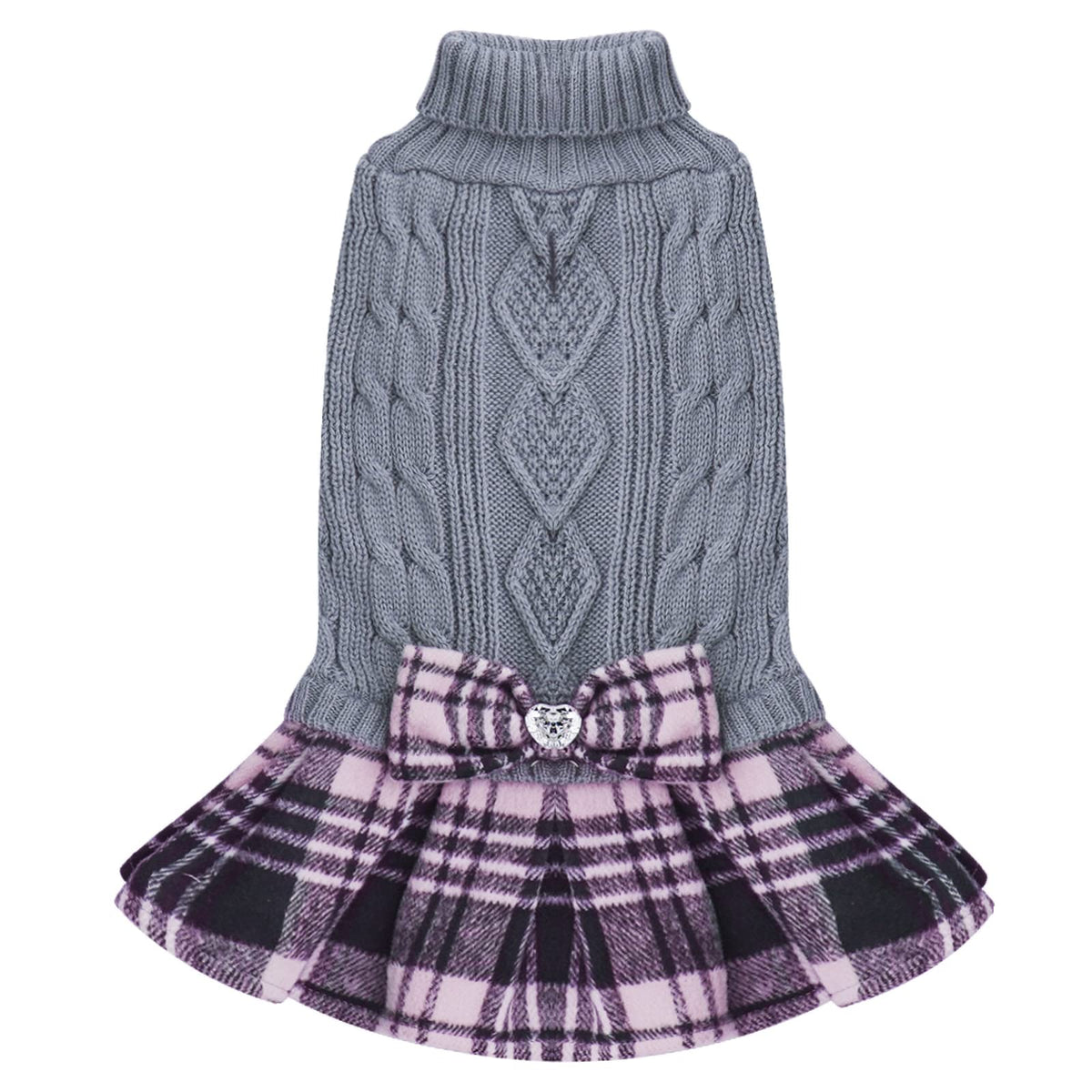 Kyeese Dog Sweaters Dress With Leash Hole For Medium Dogs With Bowtie Turtleneck Dog Knitwear Plaid Pattern Warm Pet Sweater Grey