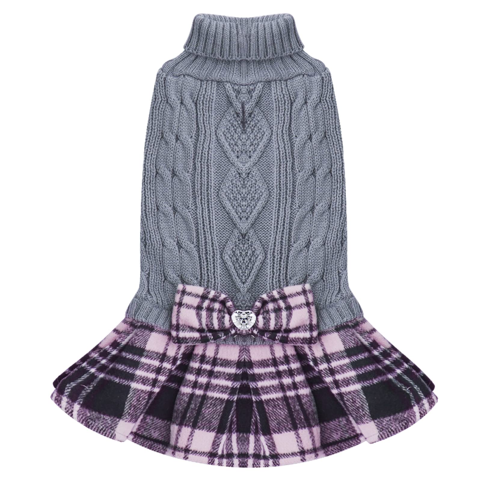 Kyeese Dog Sweater Dress With Bowtie Checkered Turtleneck Dog Sweaters For Small Dogs Warm Pet Sweater Knitwear Grey