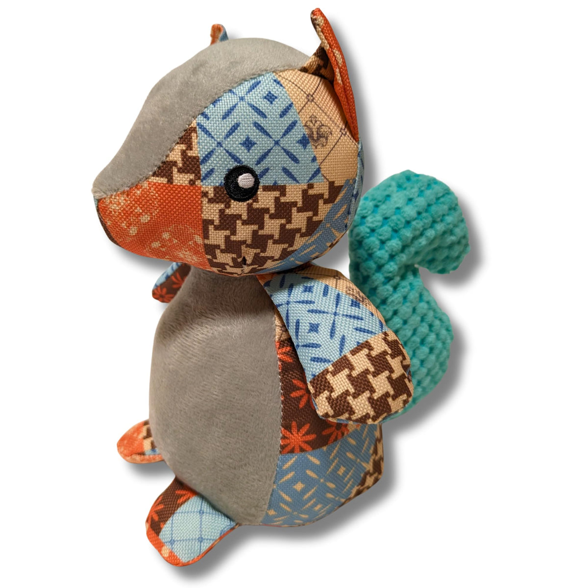 Plush Squeaky Patchwork Squirrel Dog Toy With Crinkle Paper Tail For Small, Medium, And Large Dogs
