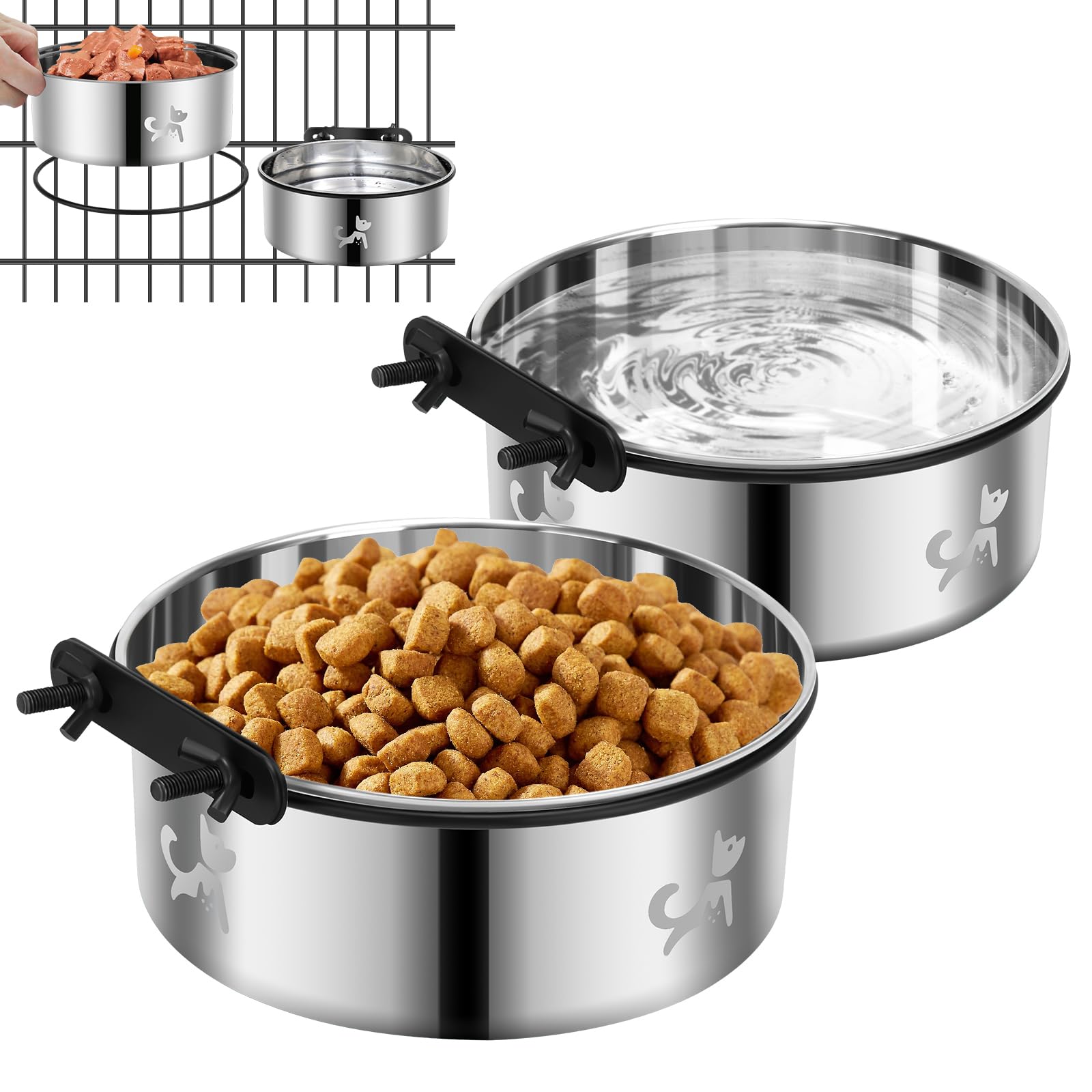 Dog Crate Water Bowl No Spill, Dog Crate Bowls Hanging 2 Pack, Kennel Water Bowl Mountable, Stainless Steel Coop Cup, Pet Cage A
